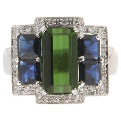 Handcraft Tourmaline 18 Karat White Gold Sapphires Diamonds Cocktail Ring