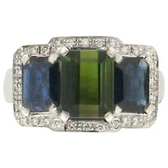 Handcraft Tourmaline 18 Karat White Gold Sapphires Diamonds Cocktail Ring