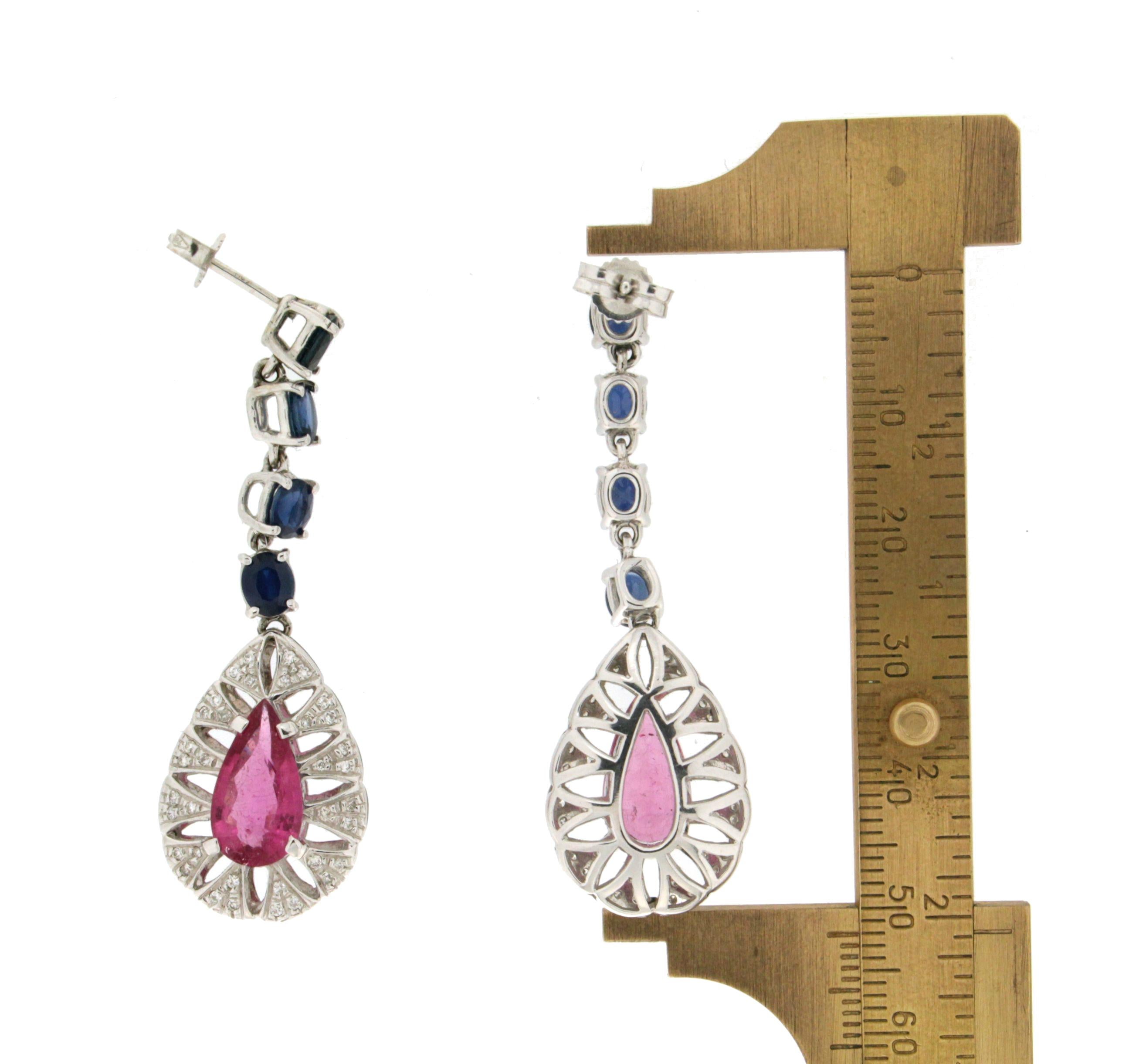 Artisan Handcraft Tourmaline 18 Karat White Gold Sapphires Diamonds Drop Earrings For Sale