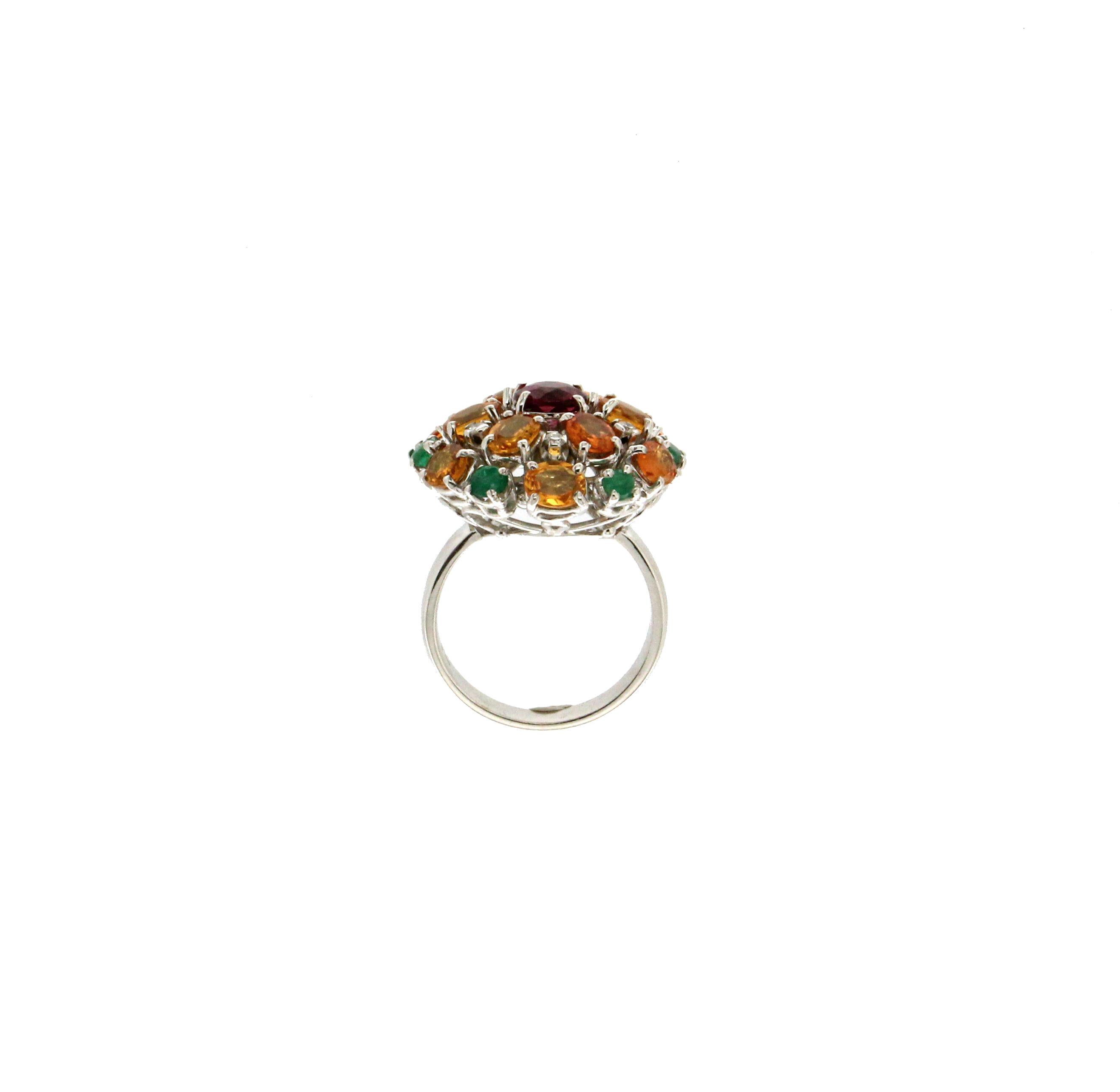 Mixed Cut Handcraft Tourmaline 18 Karat White Gold Sapphires Emeralds Cocktail Ring For Sale