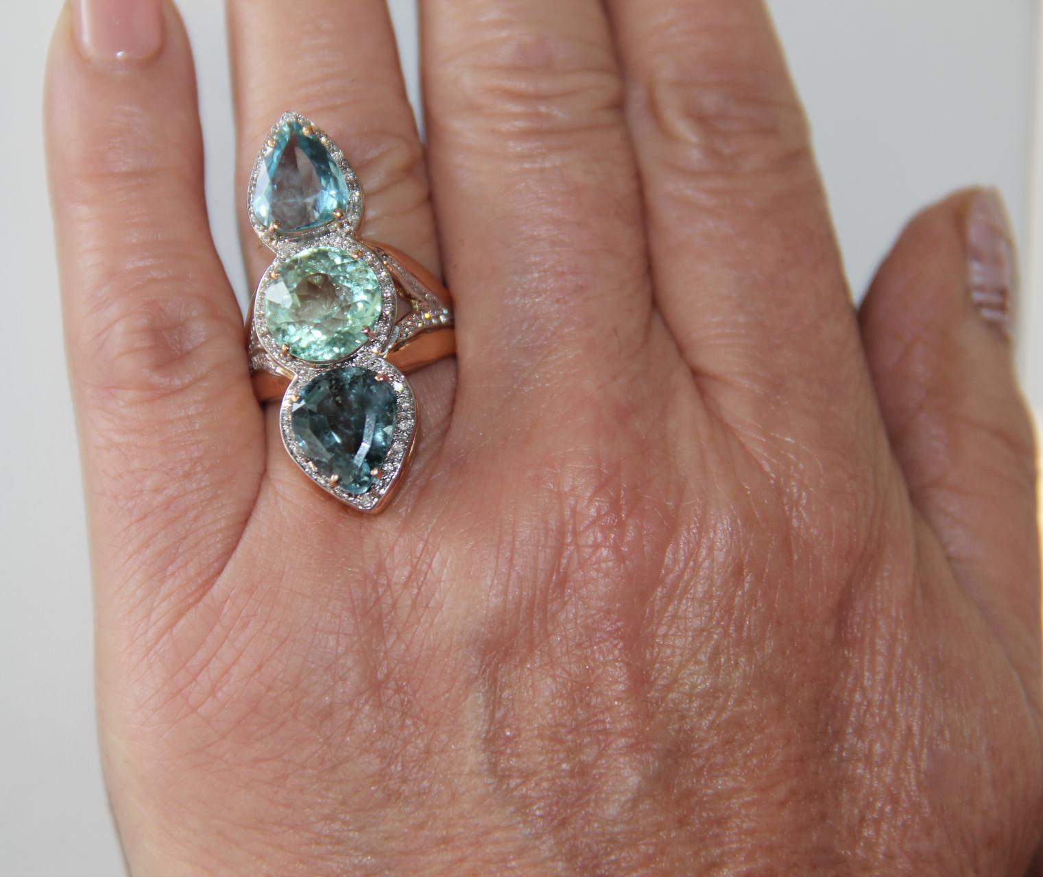 Bague cocktail artisanale en or jaune et blanc 14 carats avec tourmaline et diamants en vente 6