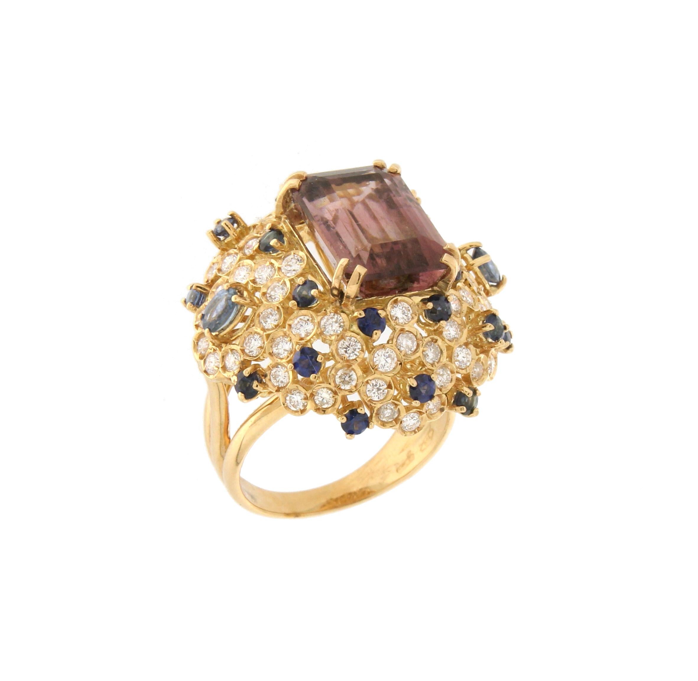Artisan Handcraft Tourmaline 18 Karat Yellow Gold Diamonds Sapphires Cocktail Ring For Sale