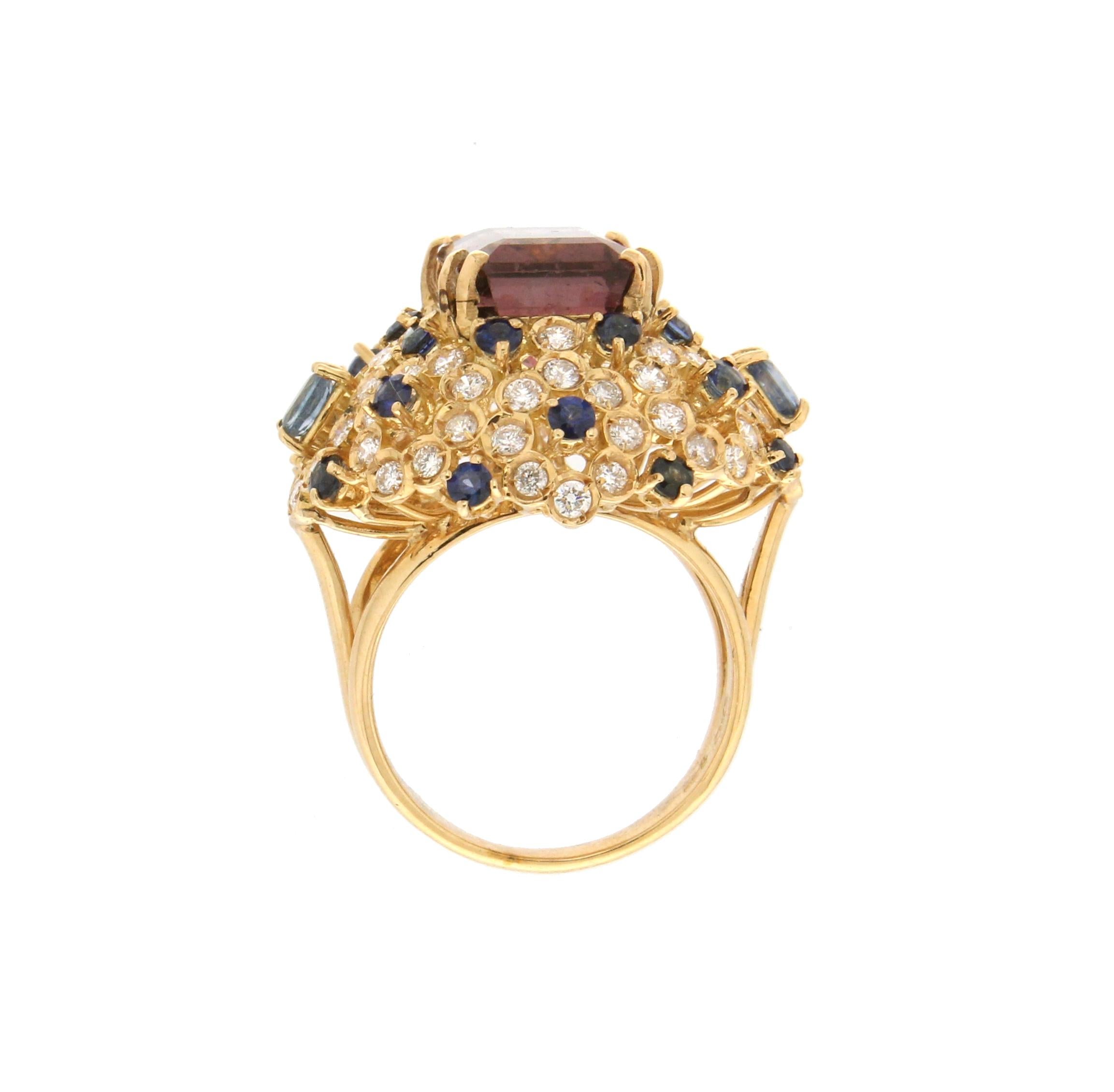 Women's Handcraft Tourmaline 18 Karat Yellow Gold Diamonds Sapphires Cocktail Ring For Sale