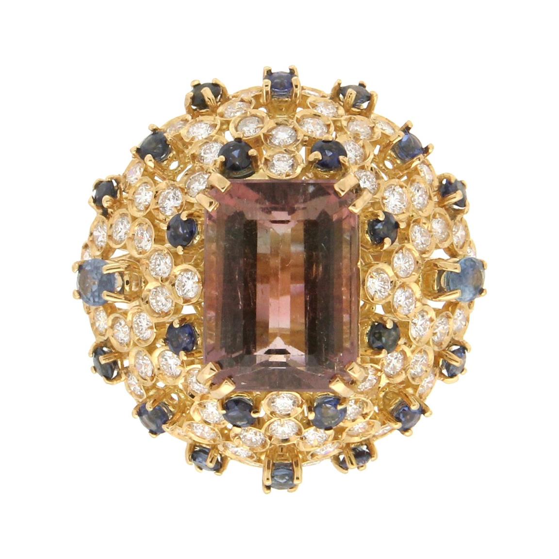 Anillo Cóctel Turmalina Artesanal Oro Amarillo 18 Kilates Diamantes Zafiros