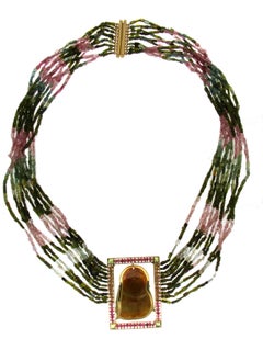 Handcraft Tourmaline 18 Karat Yellow Gold Jade Buddha Pendant Necklace