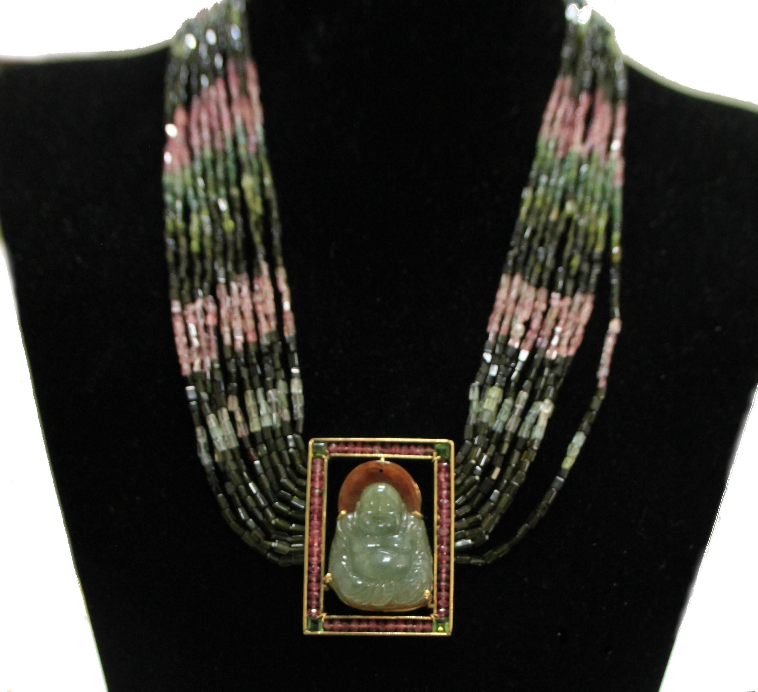 Handcraft Tourmaline 18 Karat Yellow Gold Jade Buddha Pendant Necklace In New Condition For Sale In Marcianise, IT