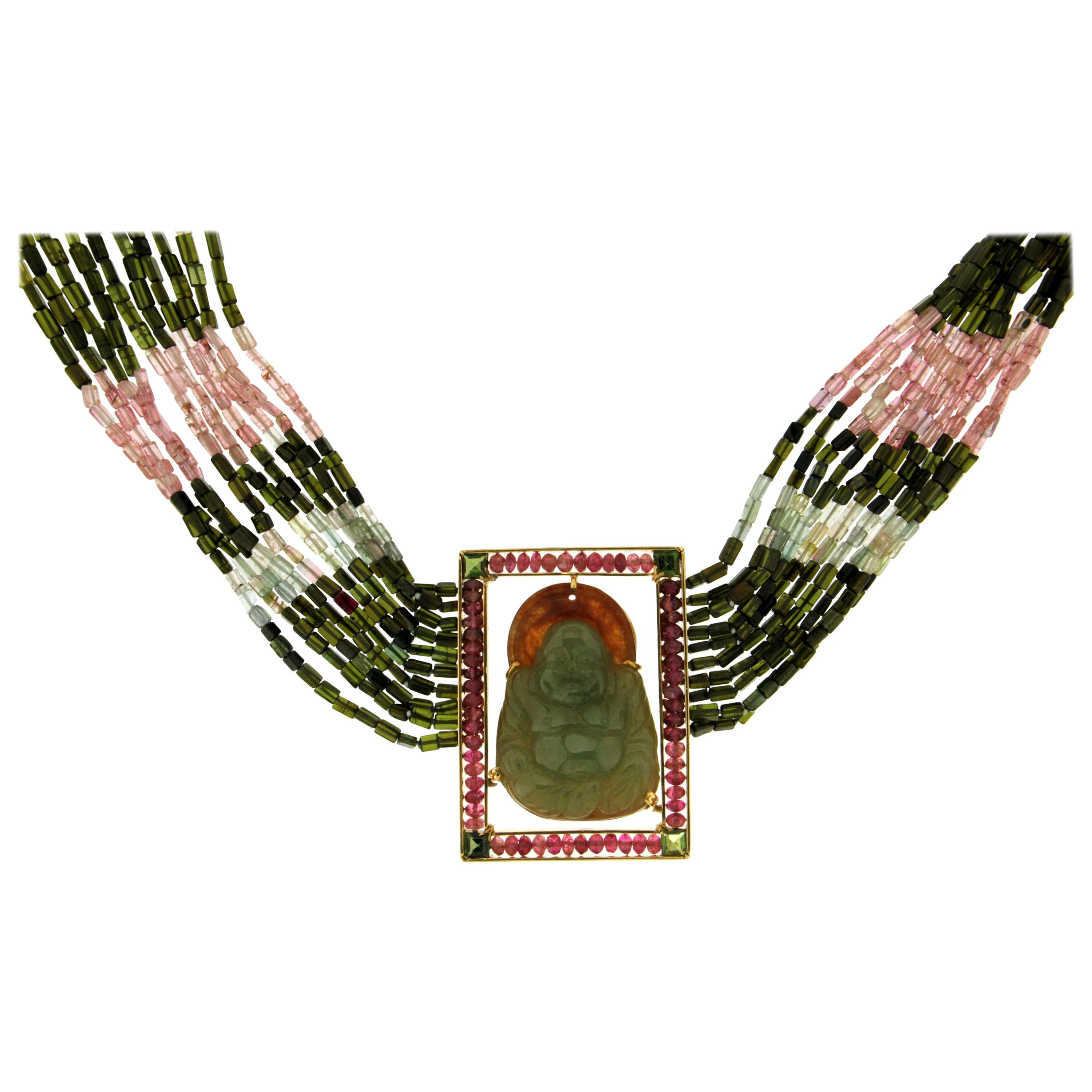 Handcraft Tourmaline 18 Karat Yellow Gold Jade Buddha Pendant Necklace For Sale