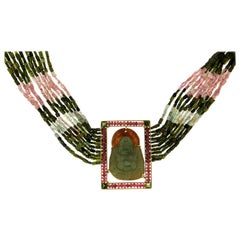 Handgefertigte Halskette mit Buddha-Anhänger aus Turmalin 18 Karat Gelbgold und Jade