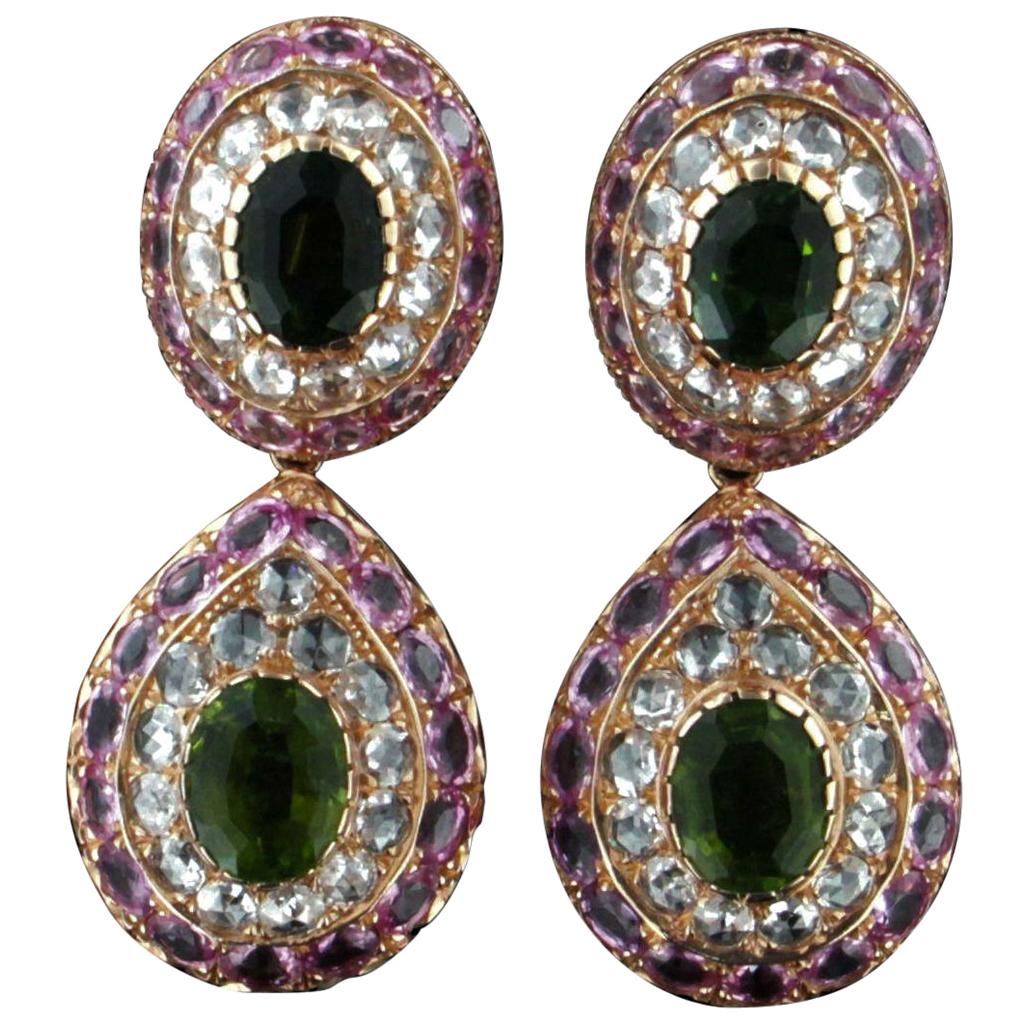 Handcraft Tourmaline 18 Karat Yellow Gold Sapphires Diamonds Drop Earrings For Sale