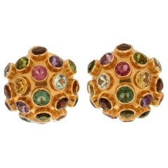 Retro Handcraft Tourmaline 18 Karat Yellow Gold Stud Earrings