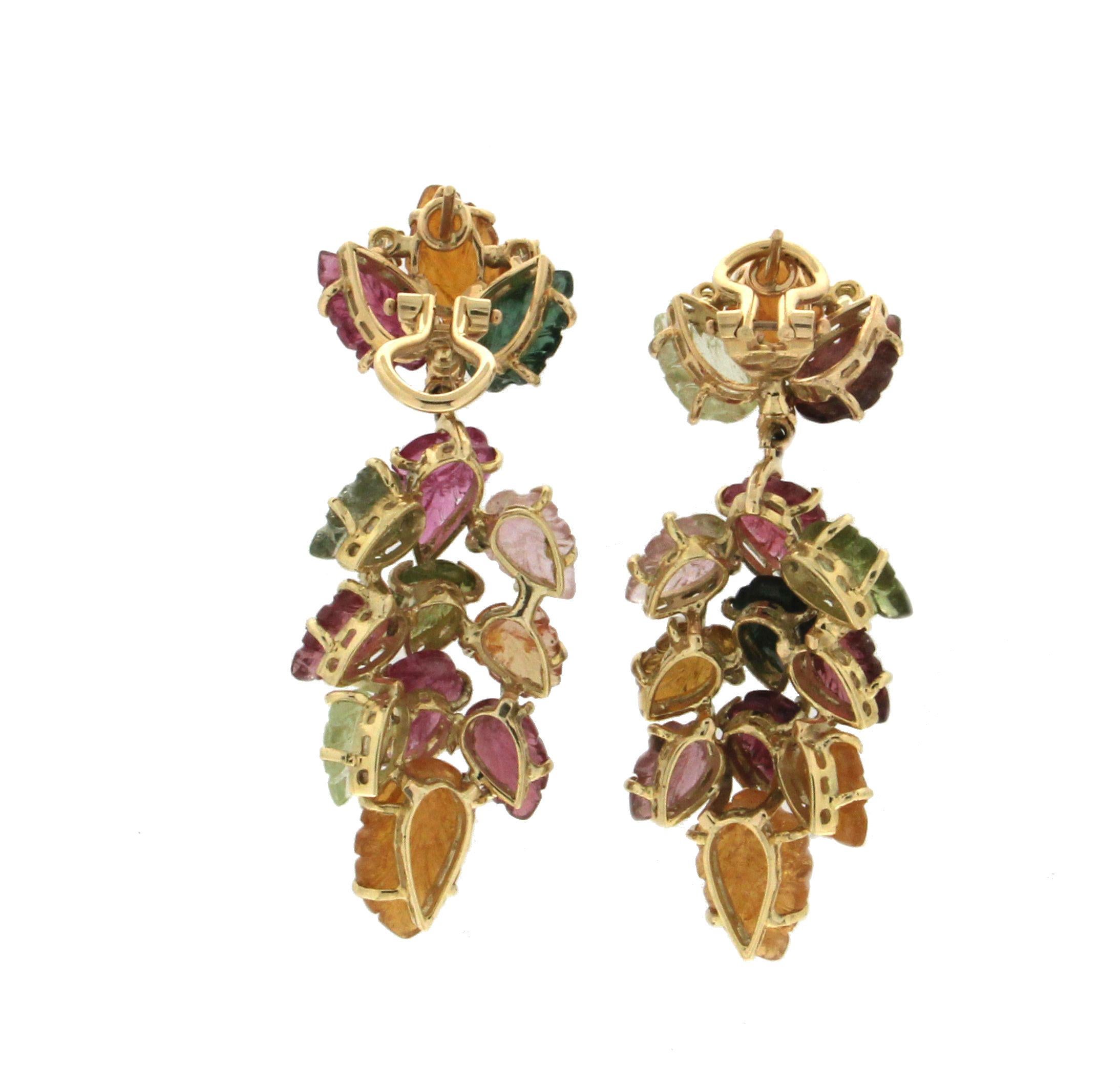 Artisan Handcraft Tourmaline Leaves 14 Karat Yellow Gold Diamonds Drop Earrings