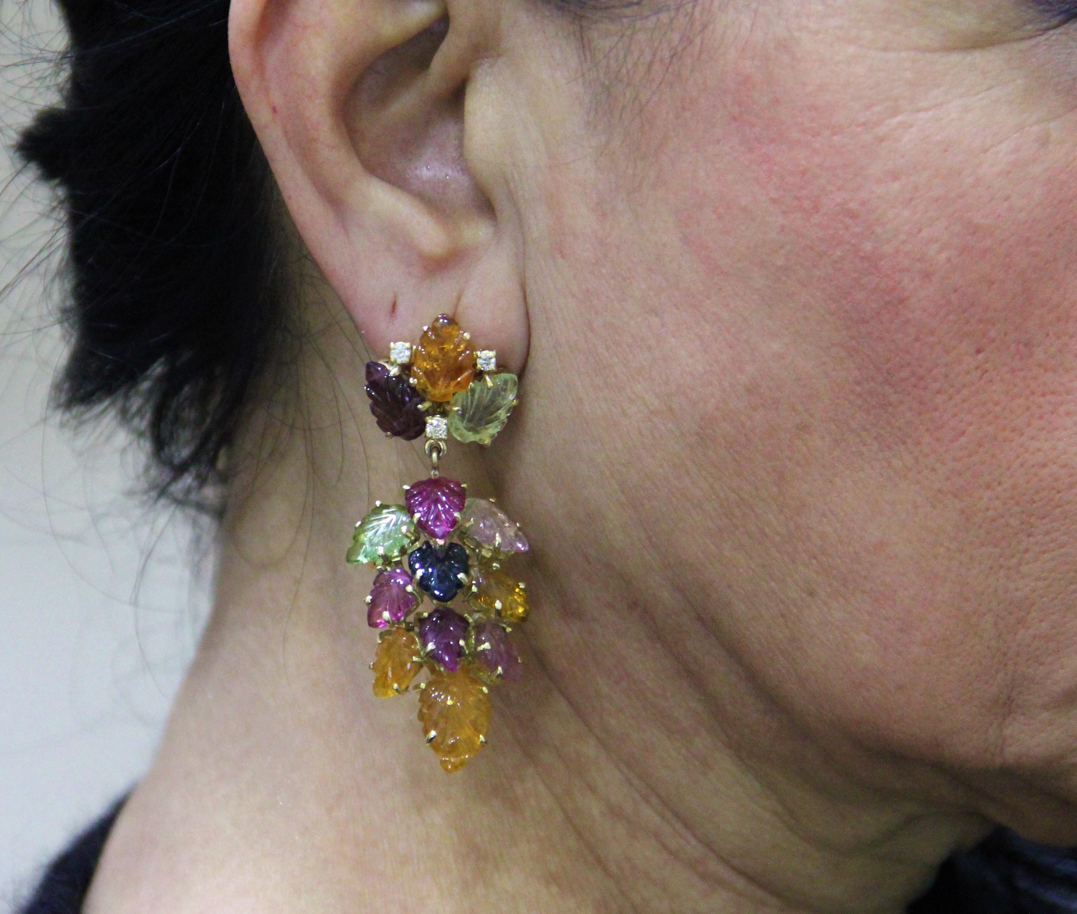 Women's or Men's Handcraft Tourmaline Leaves 14 Karat Yellow Gold Diamonds Drop Earrings