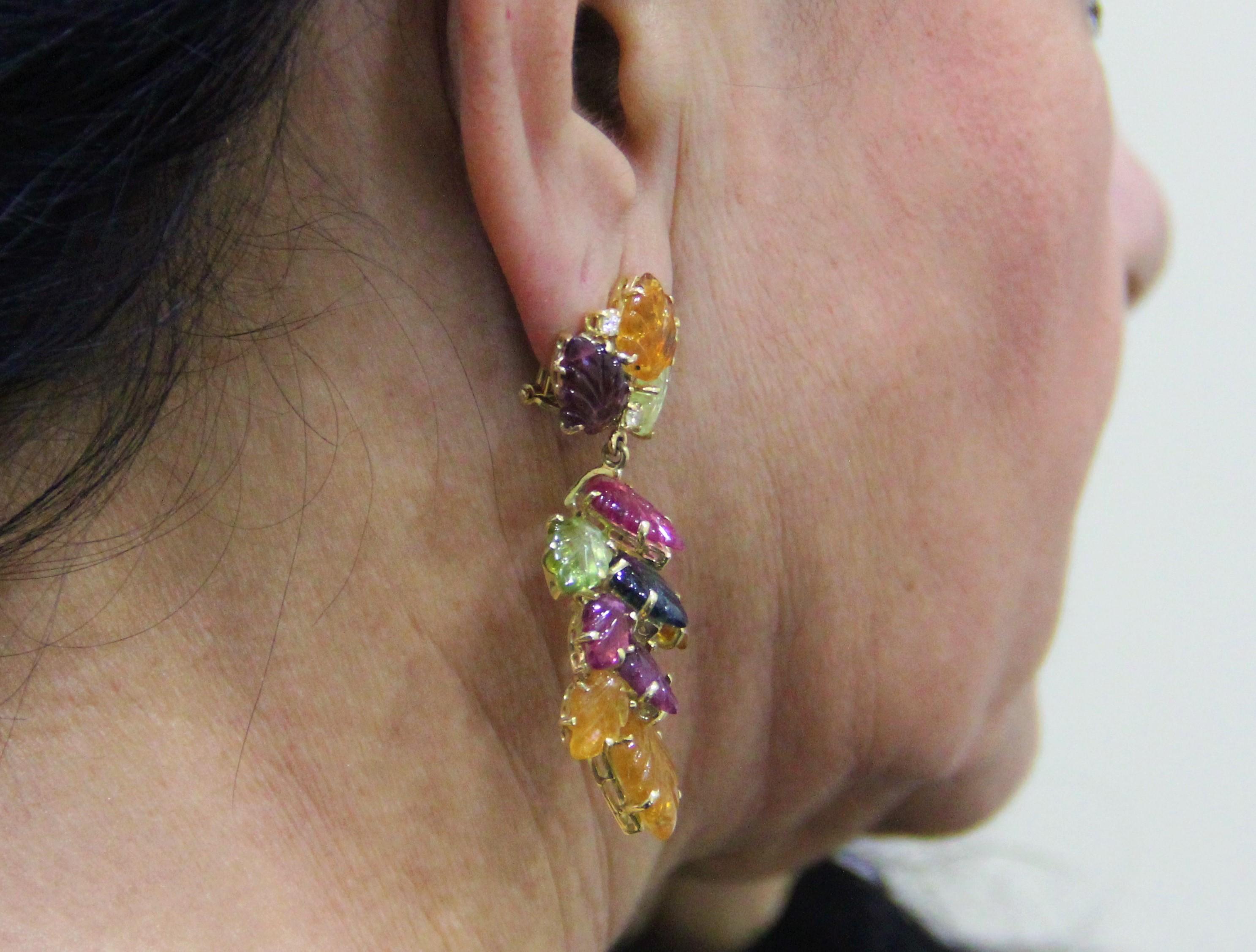Handcraft Tourmaline Leaves 14 Karat Yellow Gold Diamonds Drop Earrings 2