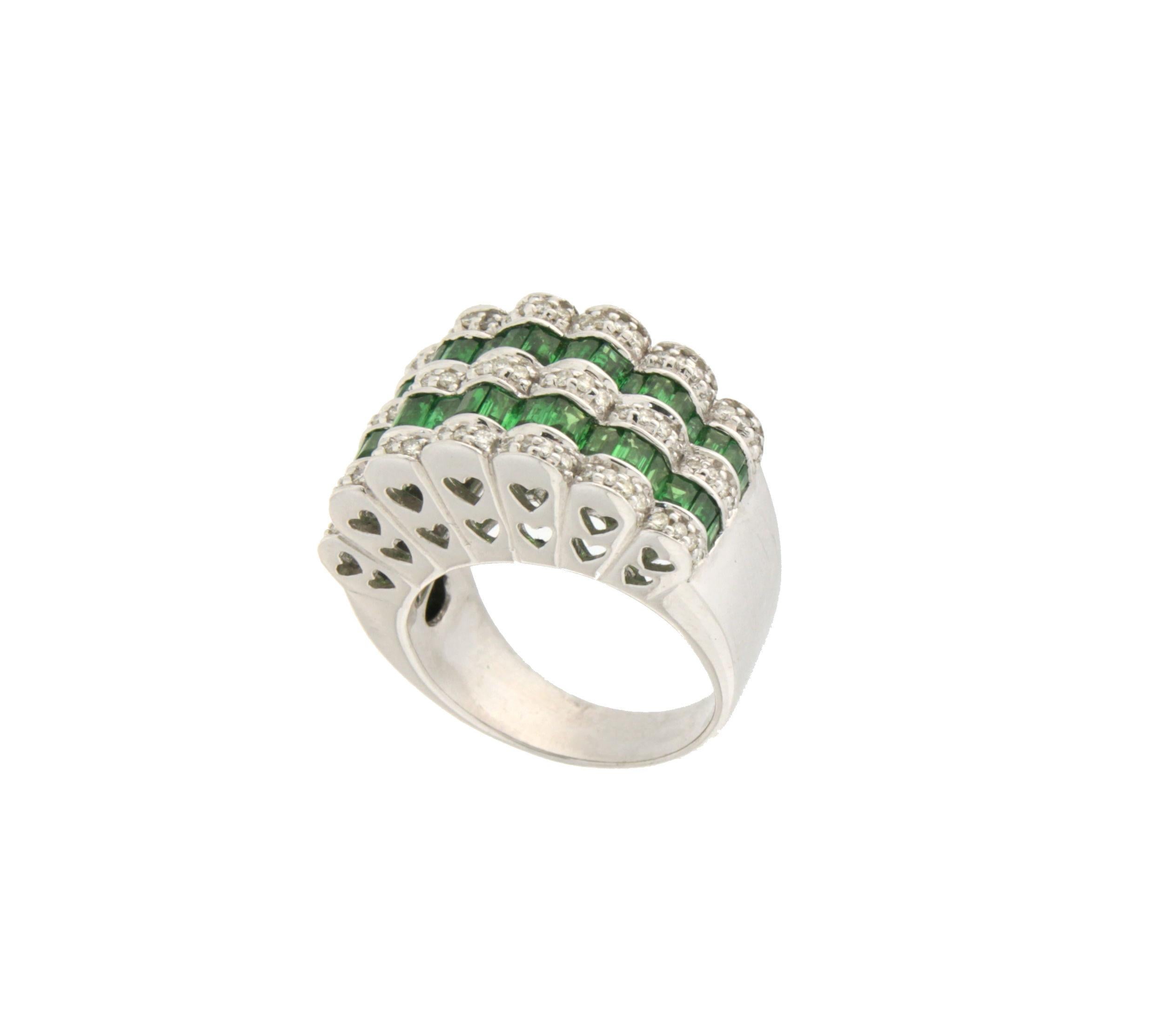 Artisan Handcraft Tsavorite 18 Karat White Gold Diamonds Cocktail Ring For Sale