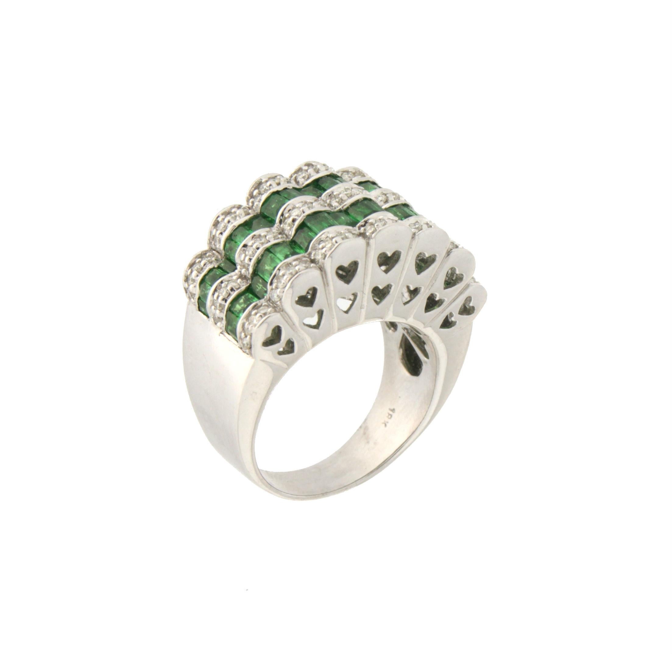 Mixed Cut Handcraft Tsavorite 18 Karat White Gold Diamonds Cocktail Ring For Sale