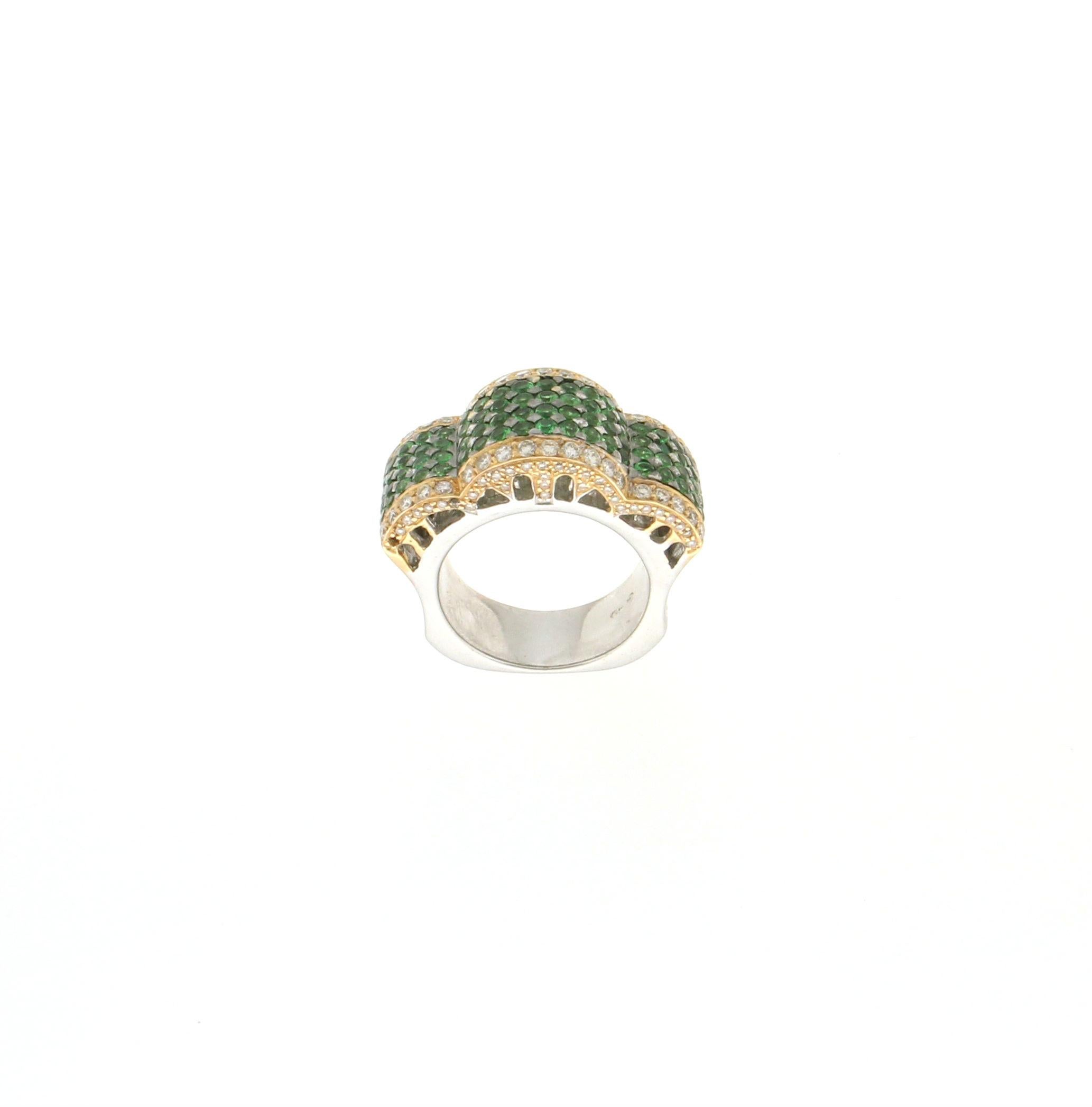 Artisan Handcraft Tsavorite 18 Karat Yellow and White Gold Diamonds Cocktail Ring For Sale