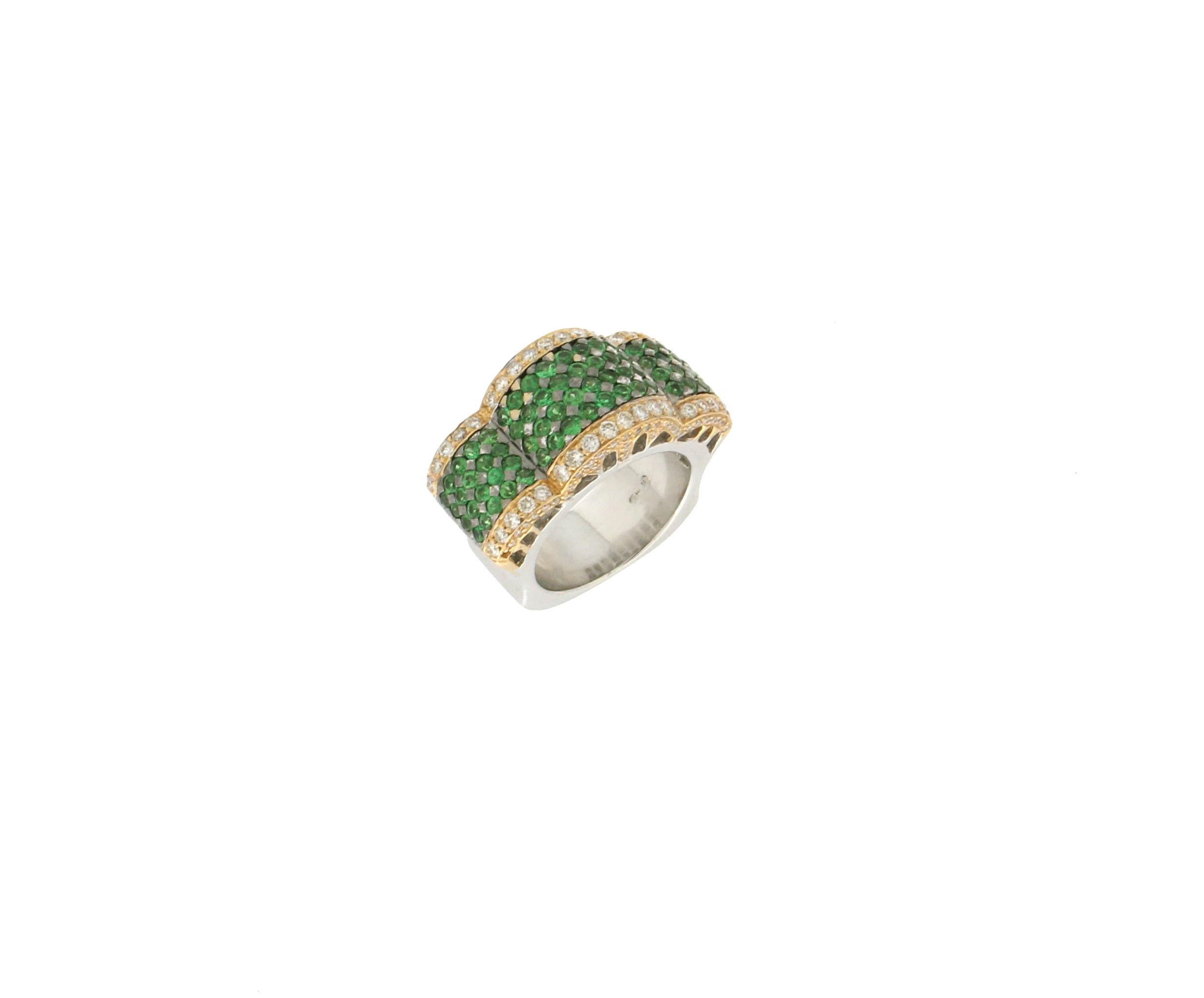 Brilliant Cut Handcraft Tsavorite 18 Karat Yellow and White Gold Diamonds Cocktail Ring For Sale