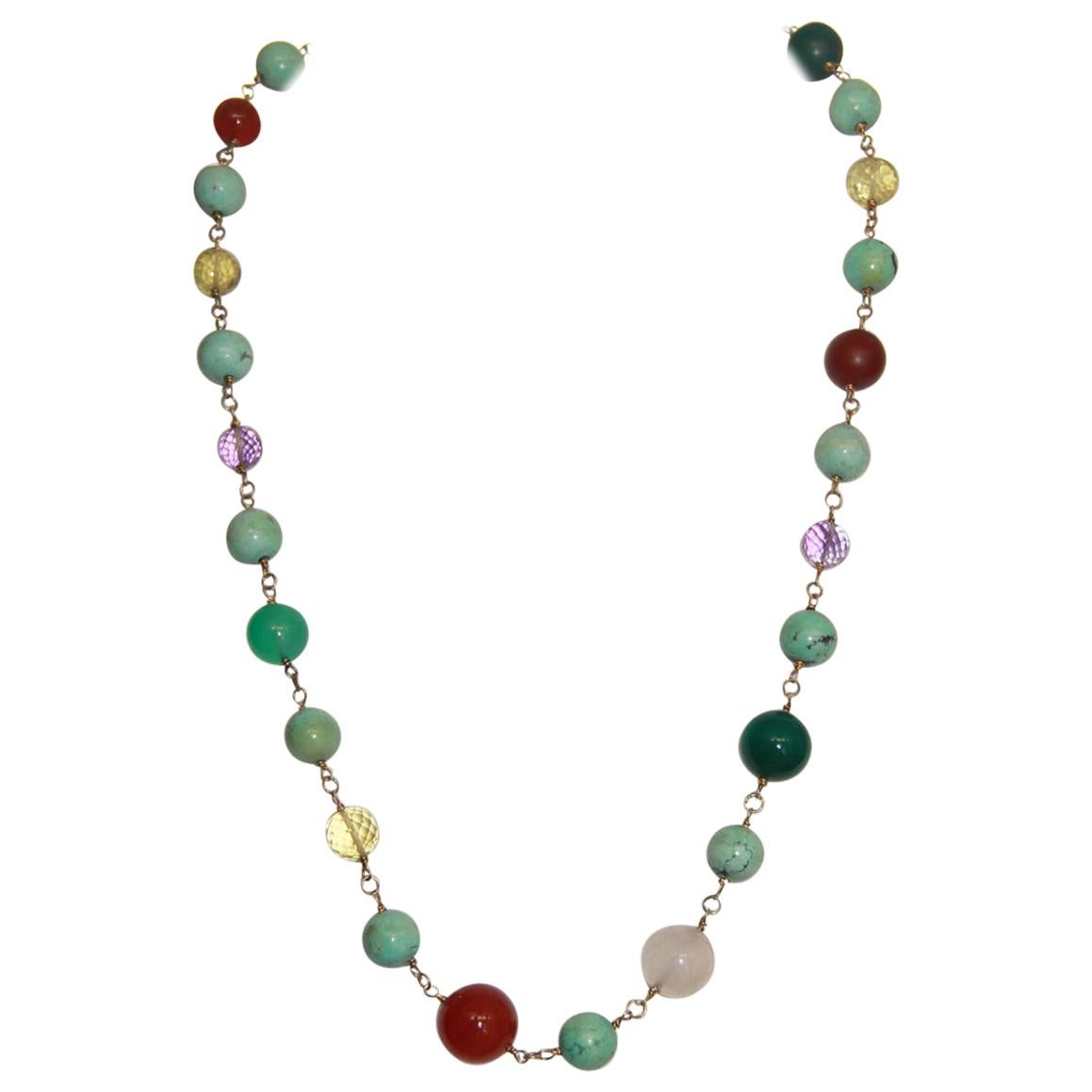 Collier artisanal de perles en or jaune 14 carats avec turquoise, améthyste, agate et citrine