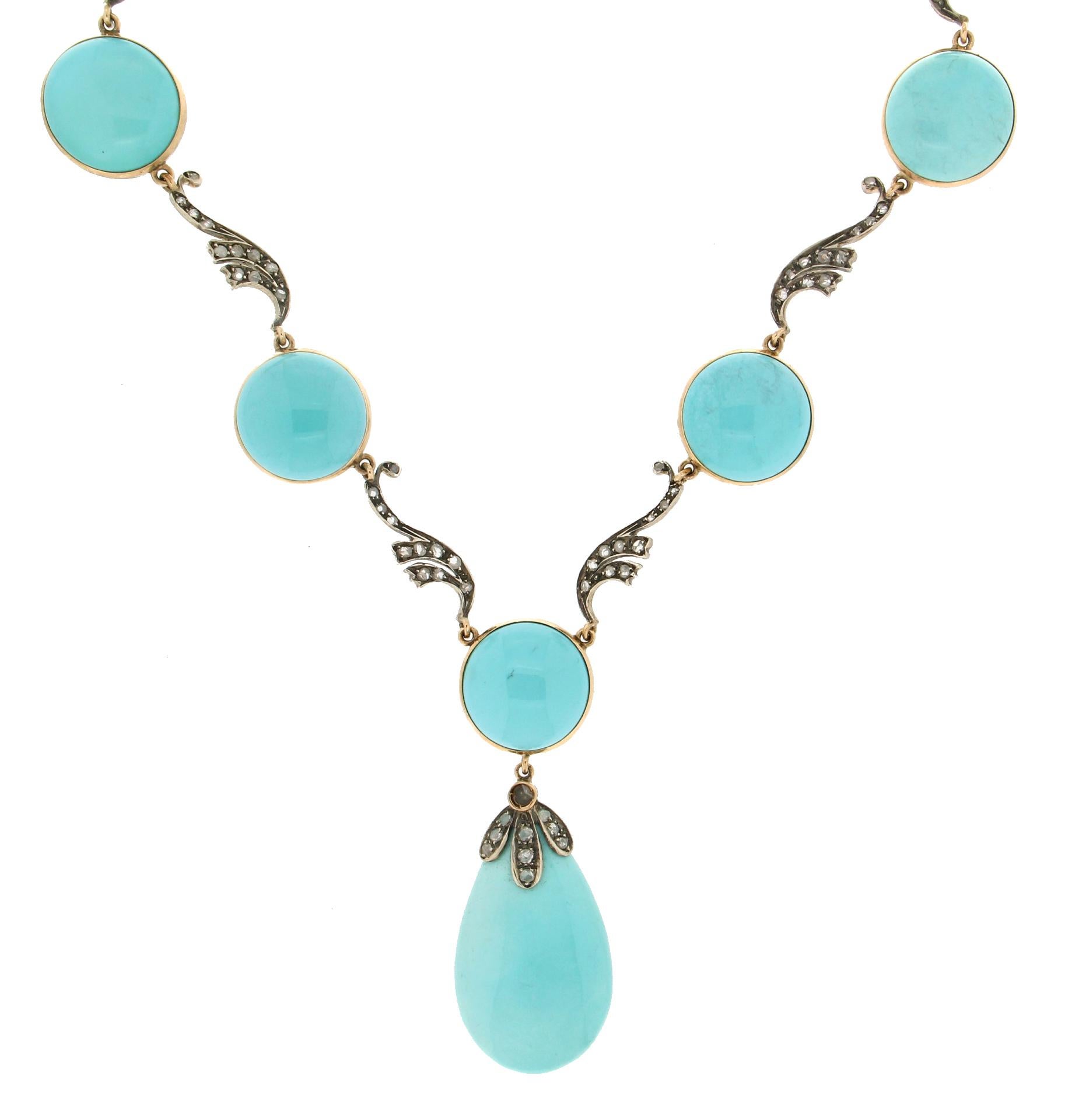 Handcraft Turquoise 14 Karat Yellow Gold and Silver Diamonds Choker Necklace For Sale 4