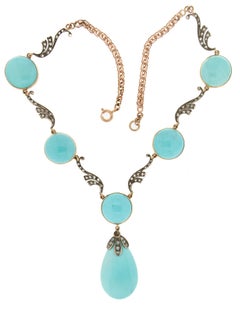 Handmade 14K Gold & Silver Choker Necklace with Diamonds and Turquoise