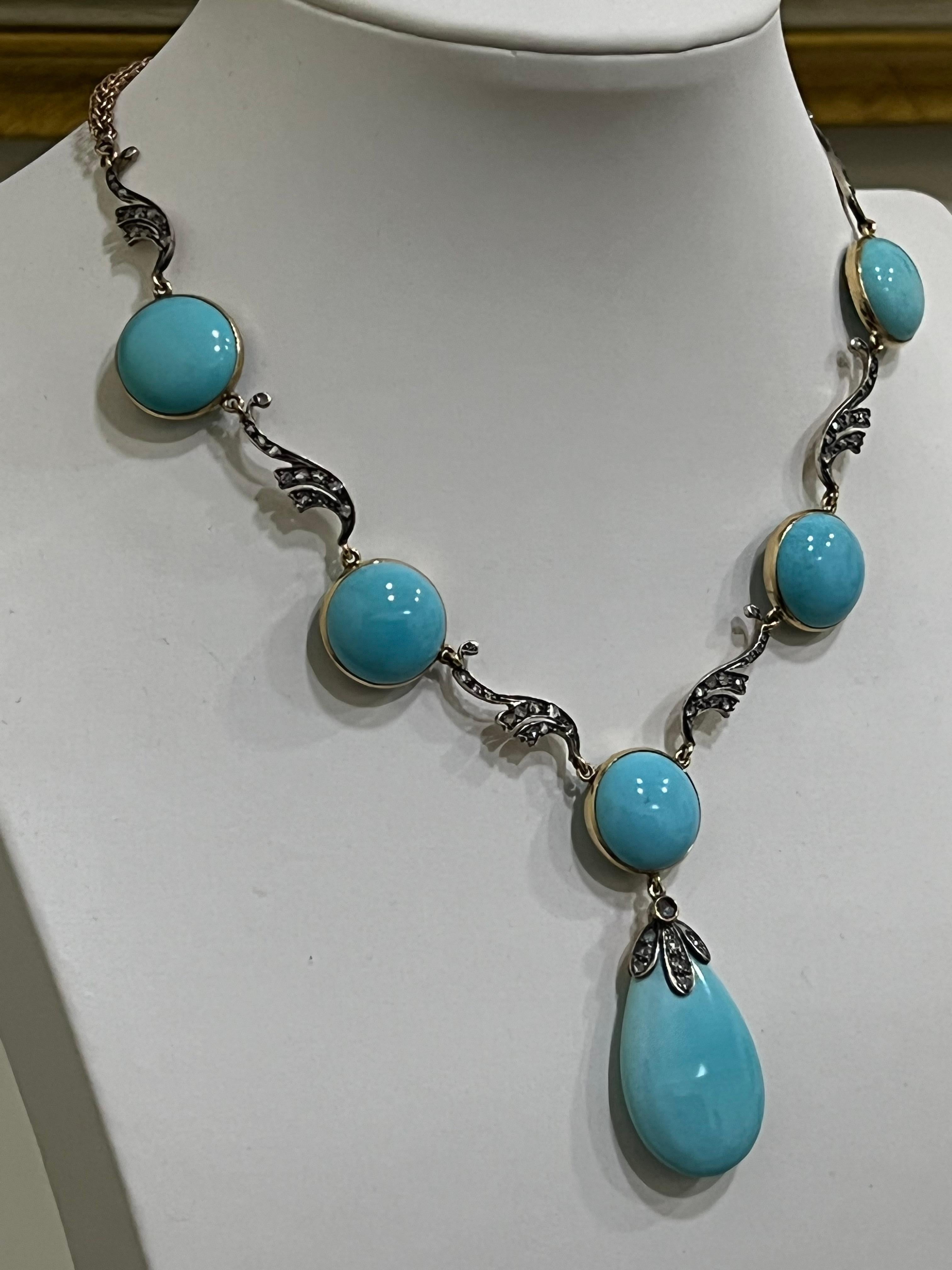 Artisan Handcraft Turquoise 14 Karat Yellow Gold and Silver Diamonds Choker Necklace For Sale