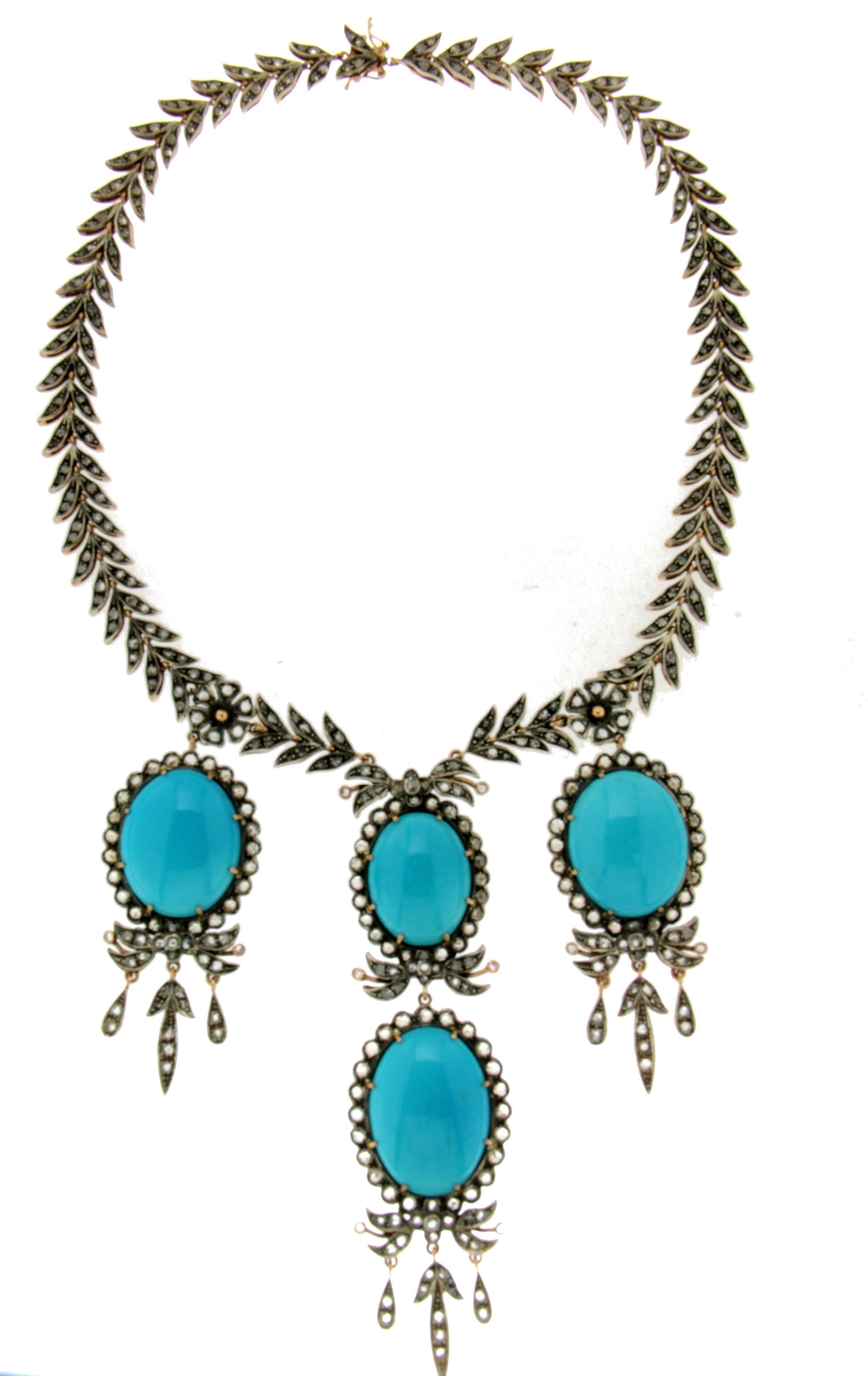 Artisan Handcraft Turquoise 14 Karat Yellow Gold and Silver Diamonds Choker Necklace