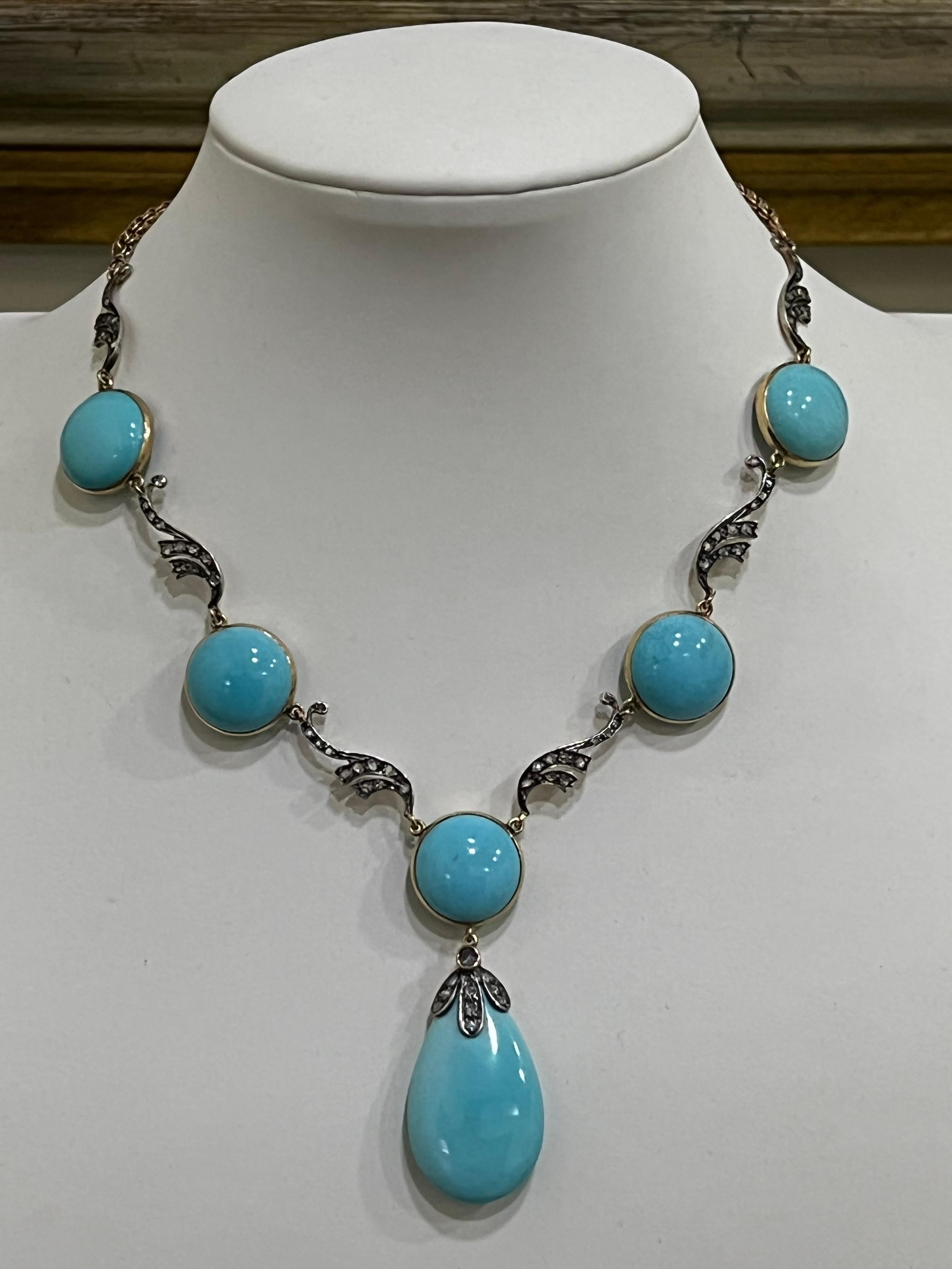 Rose Cut Handcraft Turquoise 14 Karat Yellow Gold and Silver Diamonds Choker Necklace For Sale