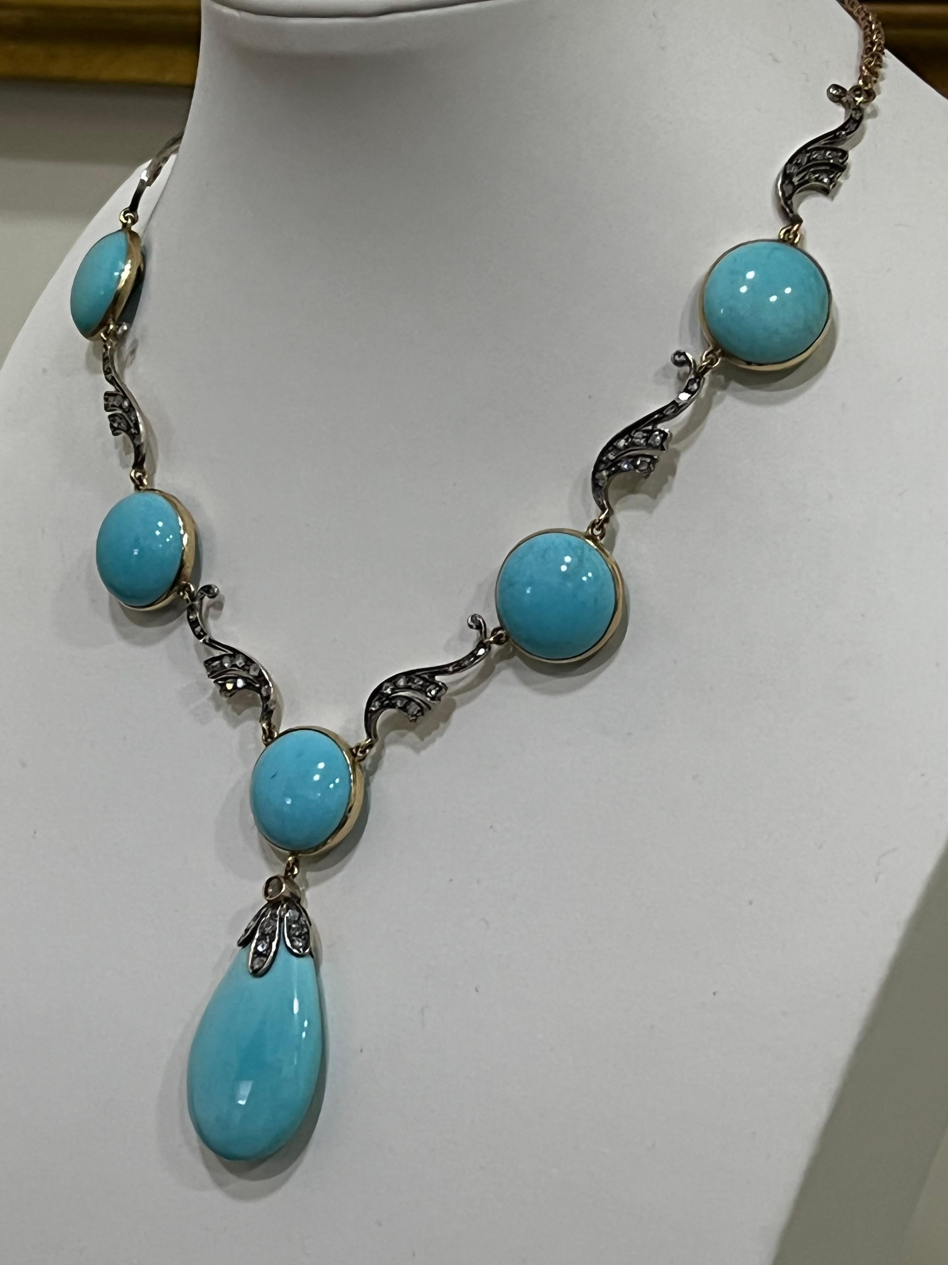 Handcraft Turquoise 14 Karat Yellow Gold and Silver Diamonds Choker Necklace In New Condition For Sale In Marcianise, IT
