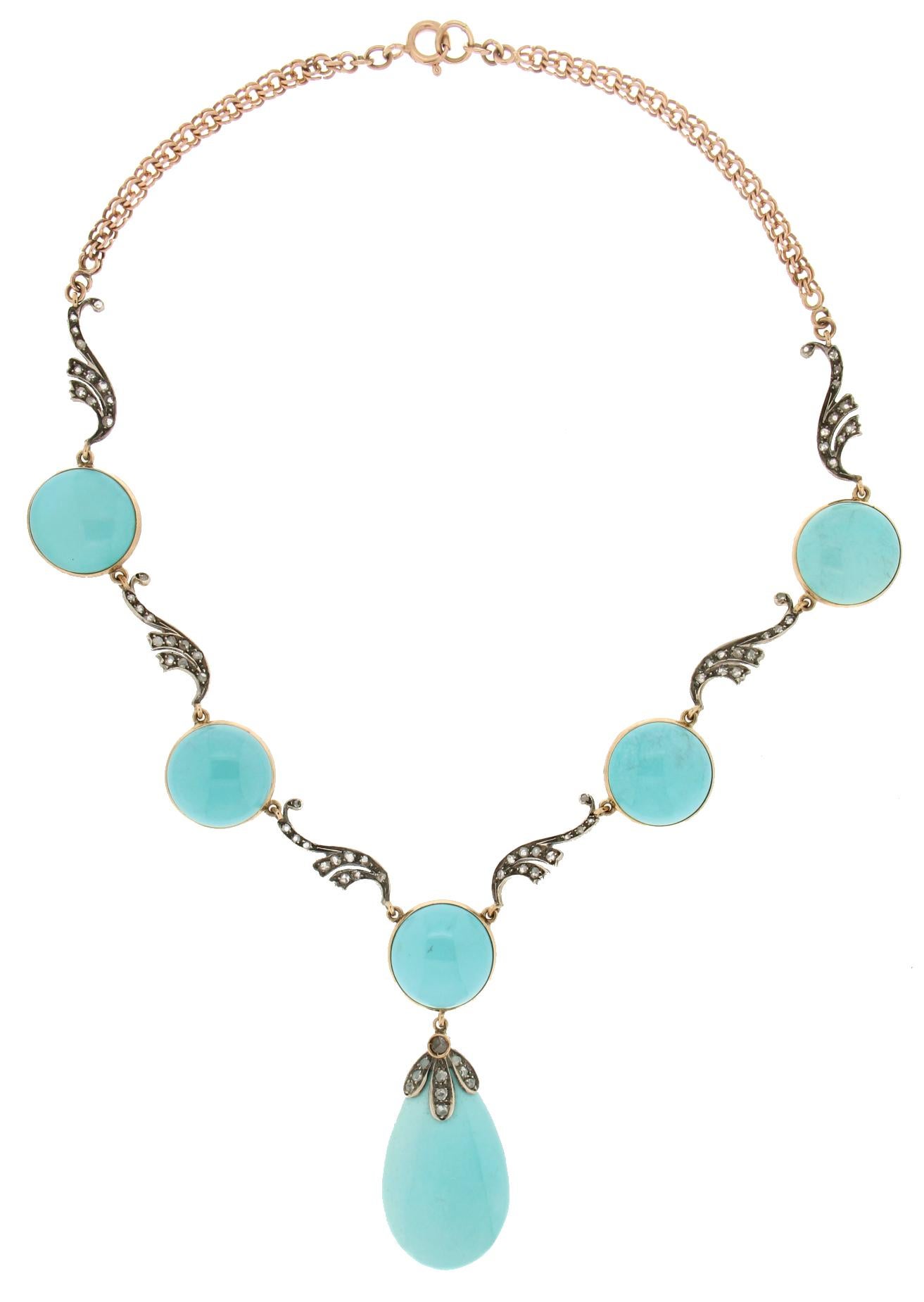 Women's Handcraft Turquoise 14 Karat Yellow Gold and Silver Diamonds Choker Necklace For Sale
