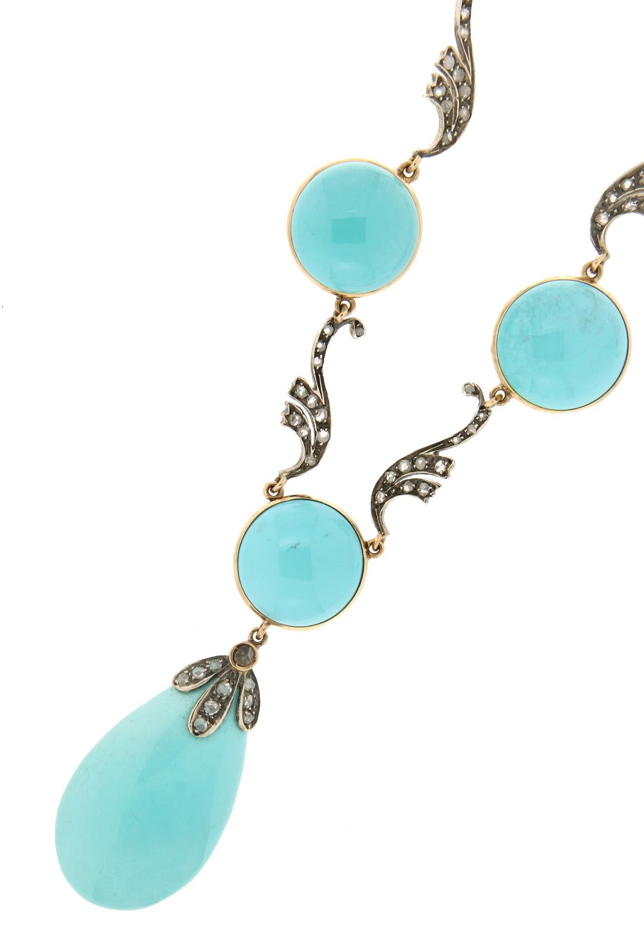 Handcraft Turquoise 14 Karat Yellow Gold and Silver Diamonds Choker Necklace For Sale 1