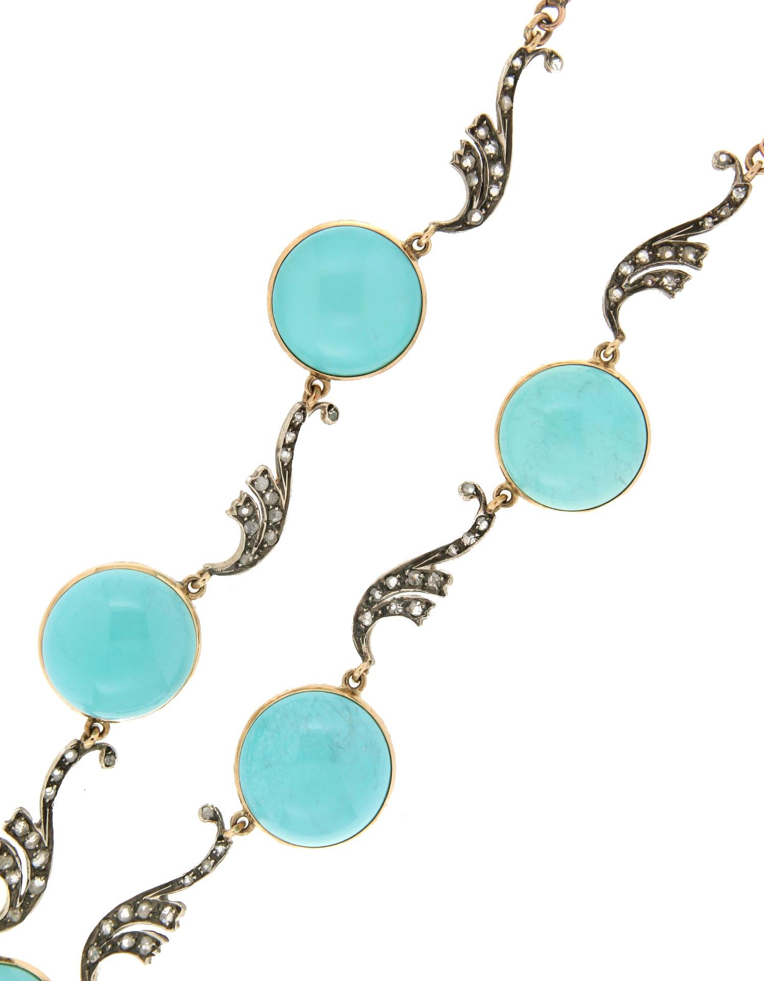 Handcraft Turquoise 14 Karat Yellow Gold and Silver Diamonds Choker Necklace For Sale 2