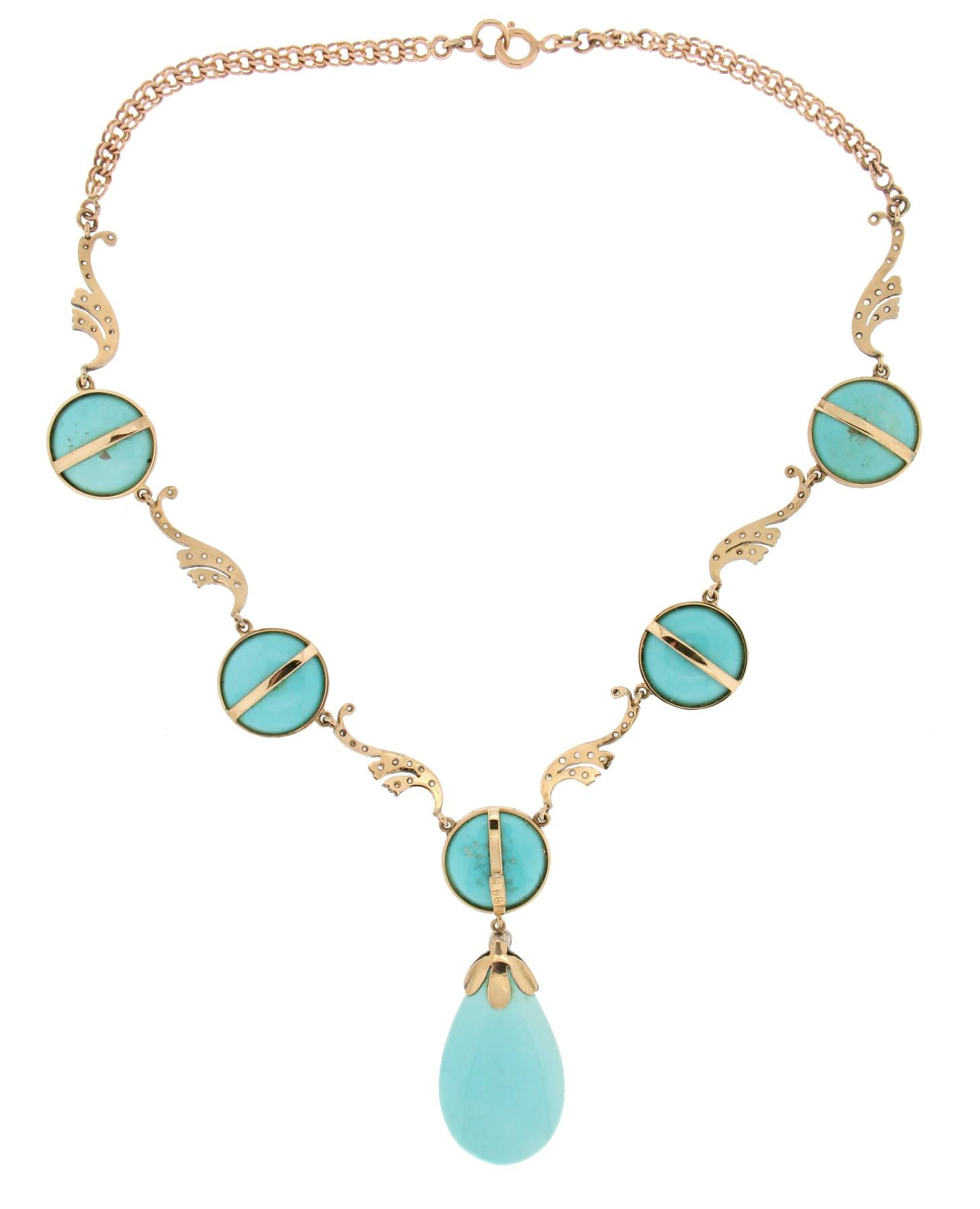 Handcraft Turquoise 14 Karat Yellow Gold and Silver Diamonds Choker Necklace For Sale 3