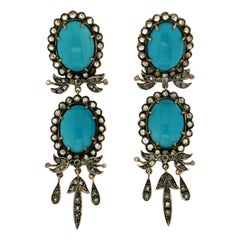 Vintage Handcraft Turquoise 14 Karat Yellow Gold and Silver Diamonds Drop Earrings
