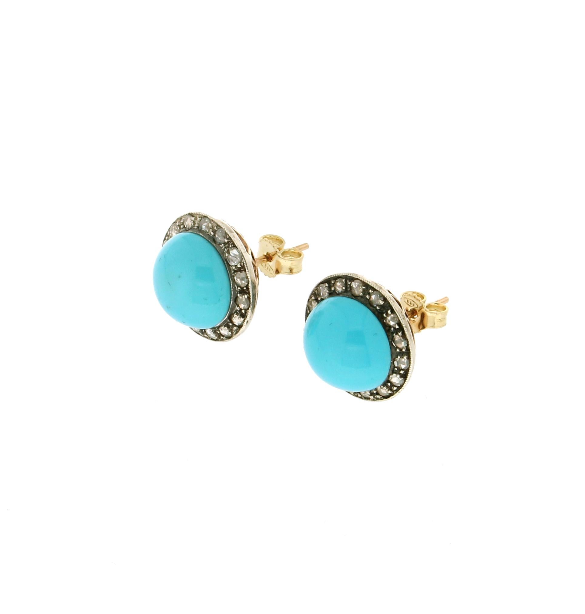 Artisan Handcraft Turquoise 14 Karat Yellow Gold and Silver Diamonds Stud Earrings For Sale