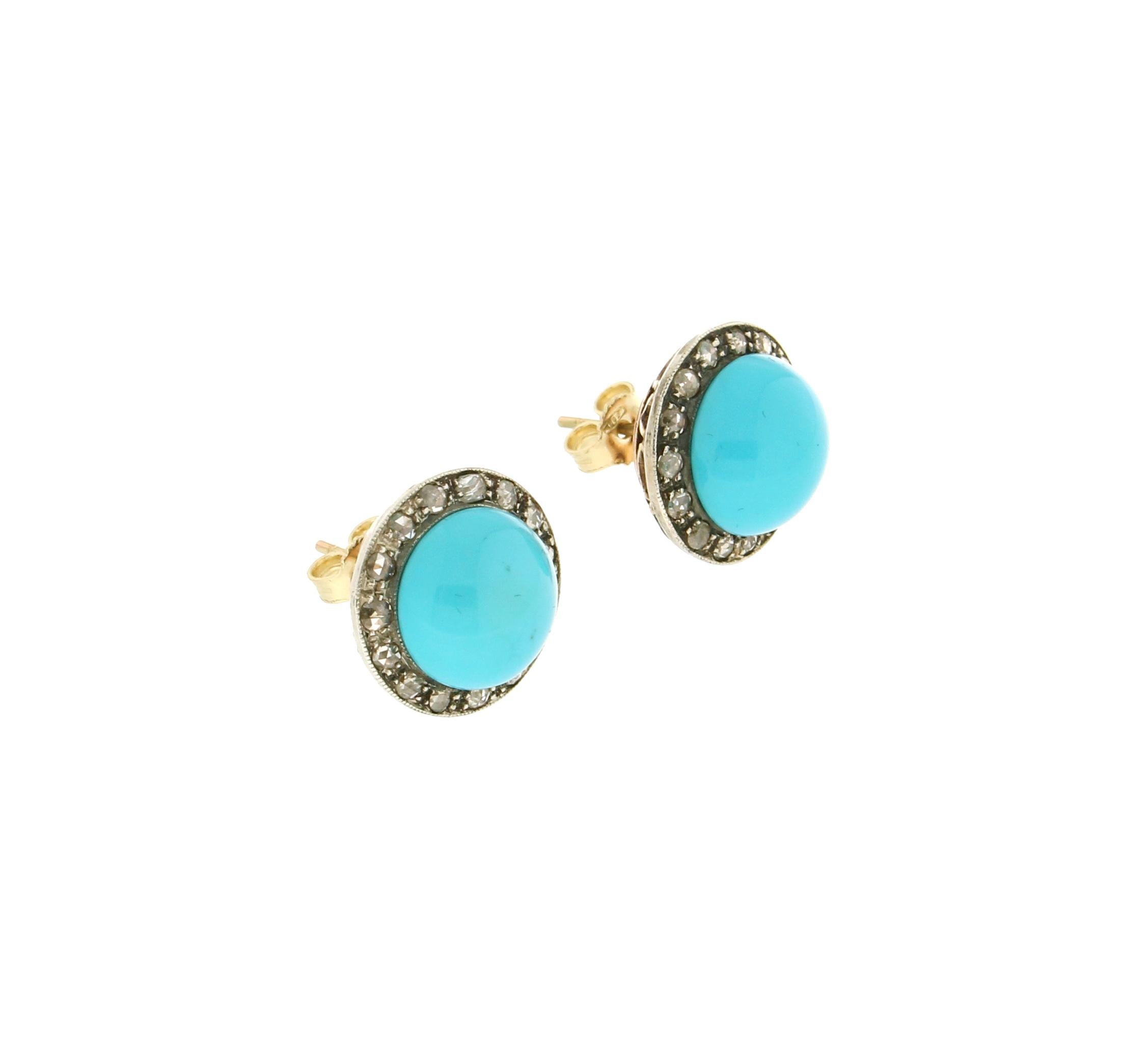Rose Cut Handcraft Turquoise 14 Karat Yellow Gold and Silver Diamonds Stud Earrings For Sale