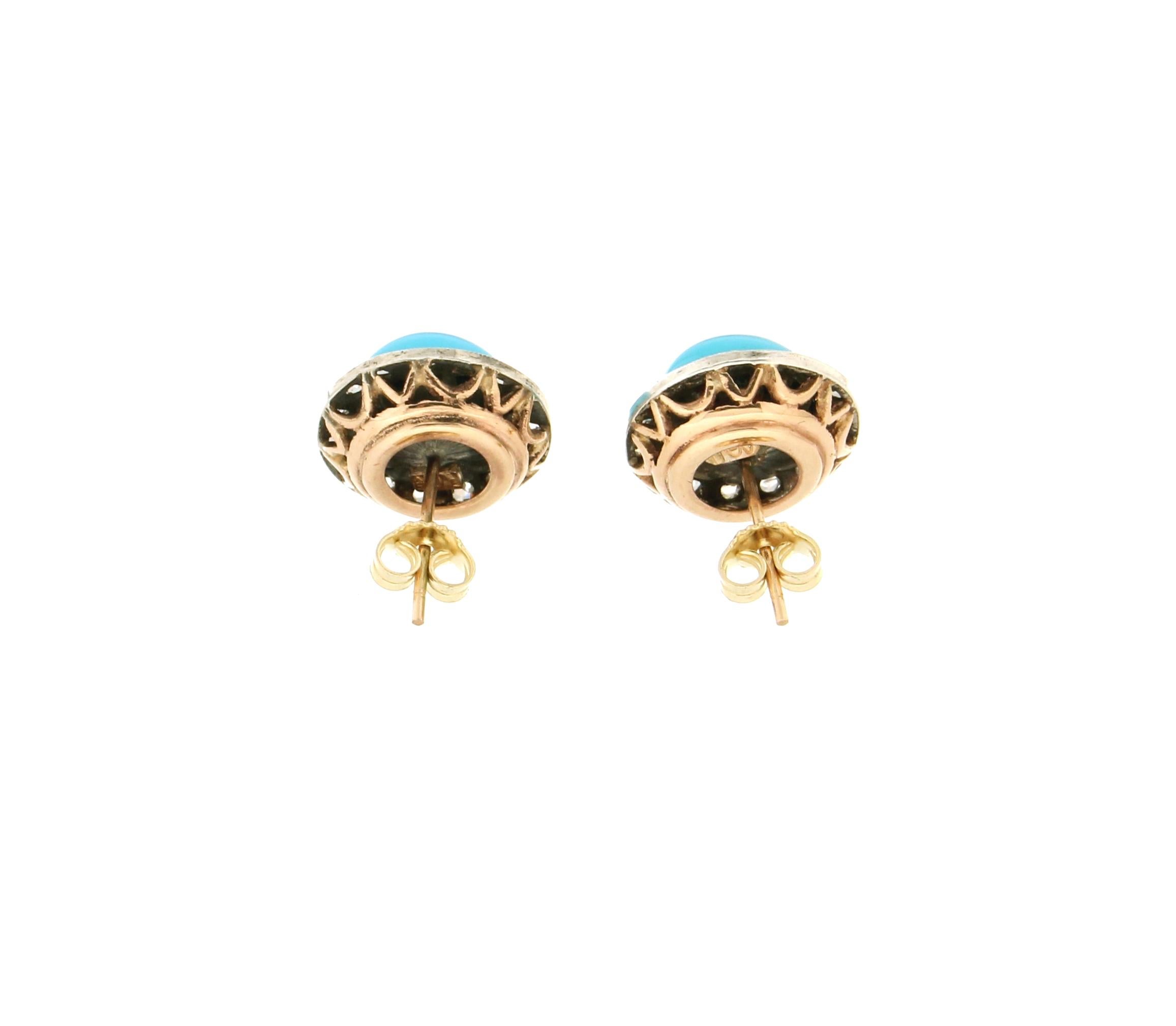 Handcraft Turquoise 14 Karat Yellow Gold and Silver Diamonds Stud Earrings In New Condition For Sale In Marcianise, IT