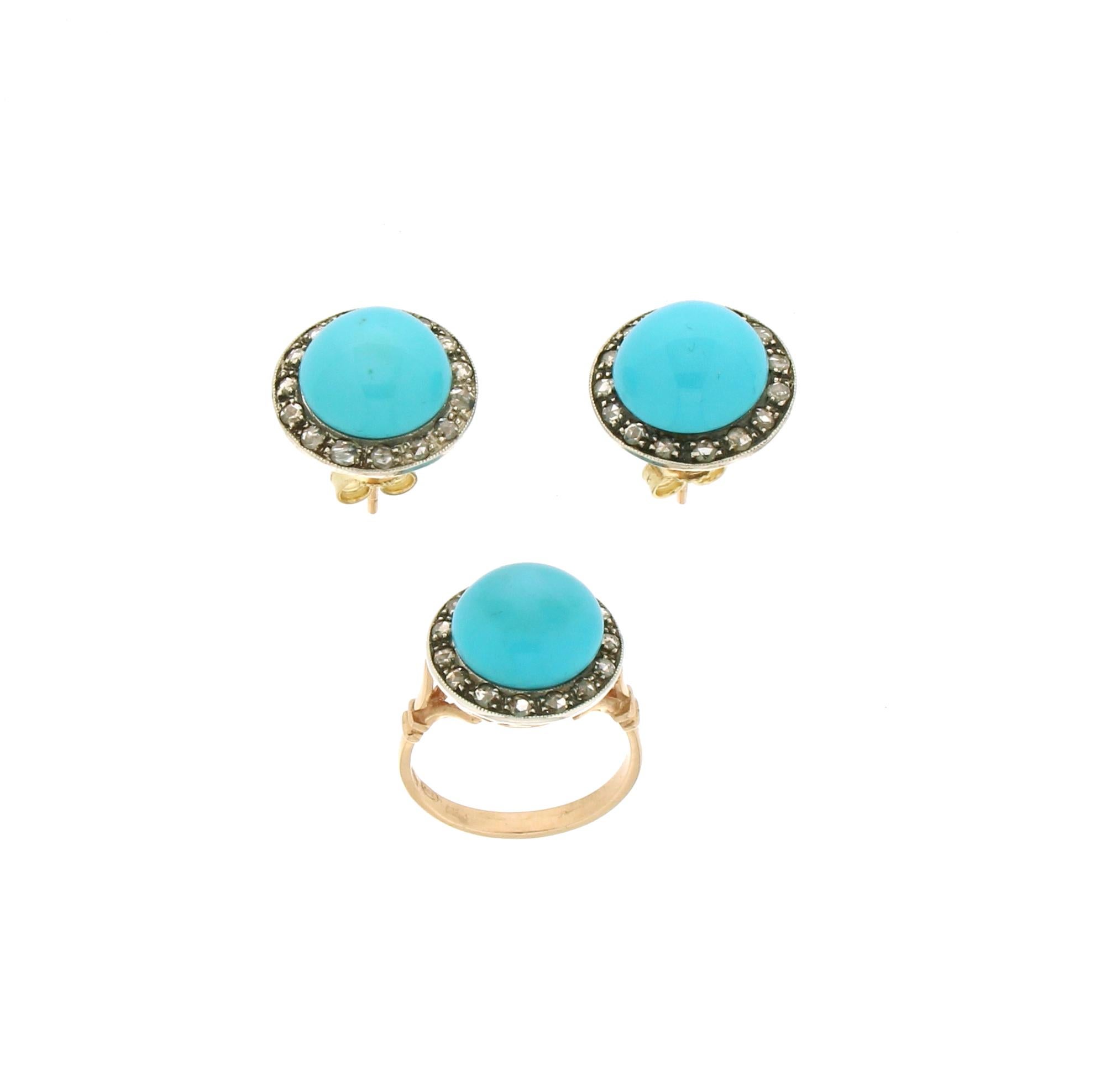 Women's Handcraft Turquoise 14 Karat Yellow Gold and Silver Diamonds Stud Earrings For Sale