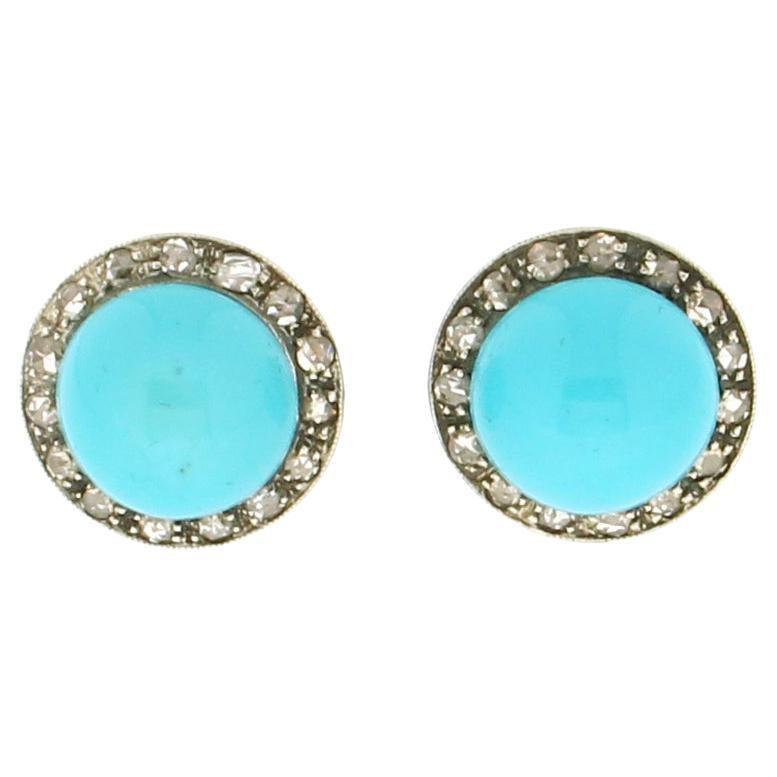 Handcraft Turquoise 14 Karat Yellow Gold and Silver Diamonds Stud Earrings For Sale