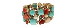 Pulsera Brazalete Artesanal Turquesa Oro Amarillo 14 Kilates Coral Diamantes