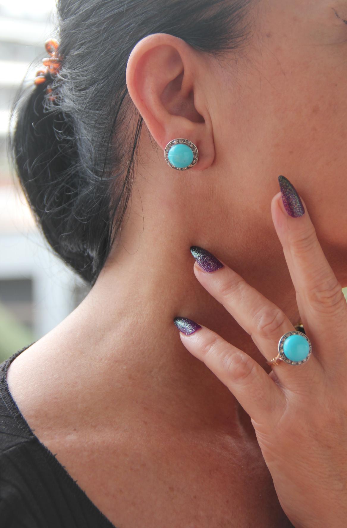 Handcraft Turquoise 14 Karat Yellow Gold Diamonds Cocktail Ring For Sale 5