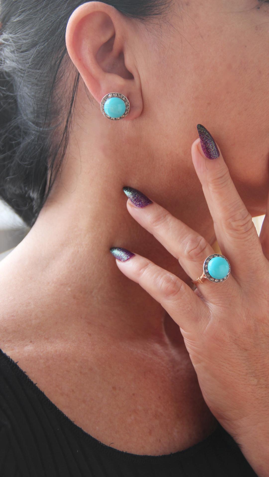 Handcraft Turquoise 14 Karat Yellow Gold Diamonds Cocktail Ring For Sale 7