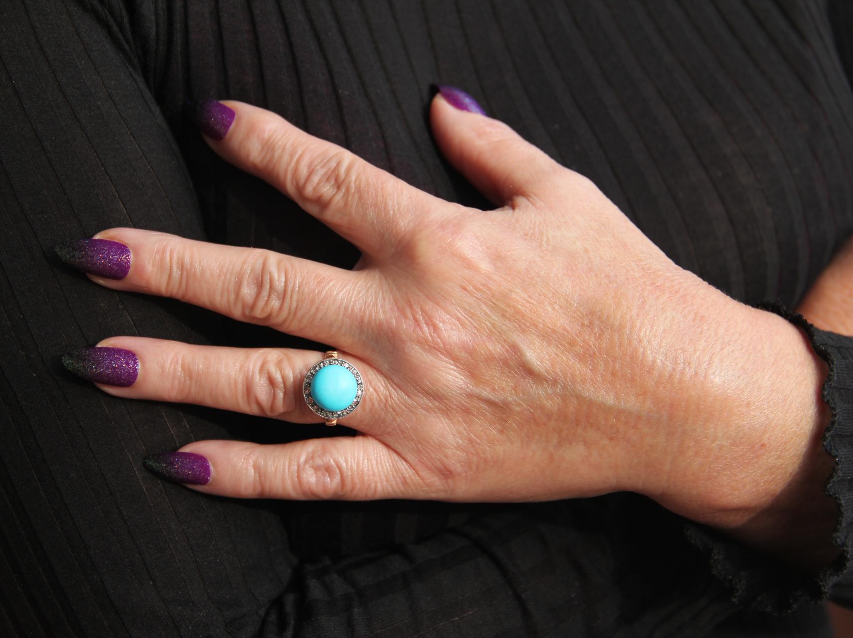 Handcraft Turquoise 14 Karat Yellow Gold Diamonds Cocktail Ring For Sale 8