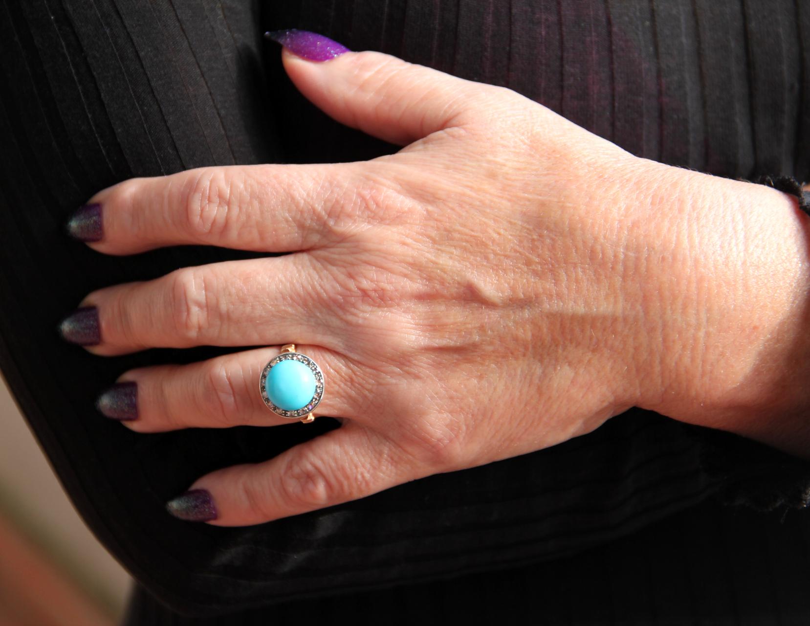 Handcraft Turquoise 14 Karat Yellow Gold Diamonds Cocktail Ring For Sale 9