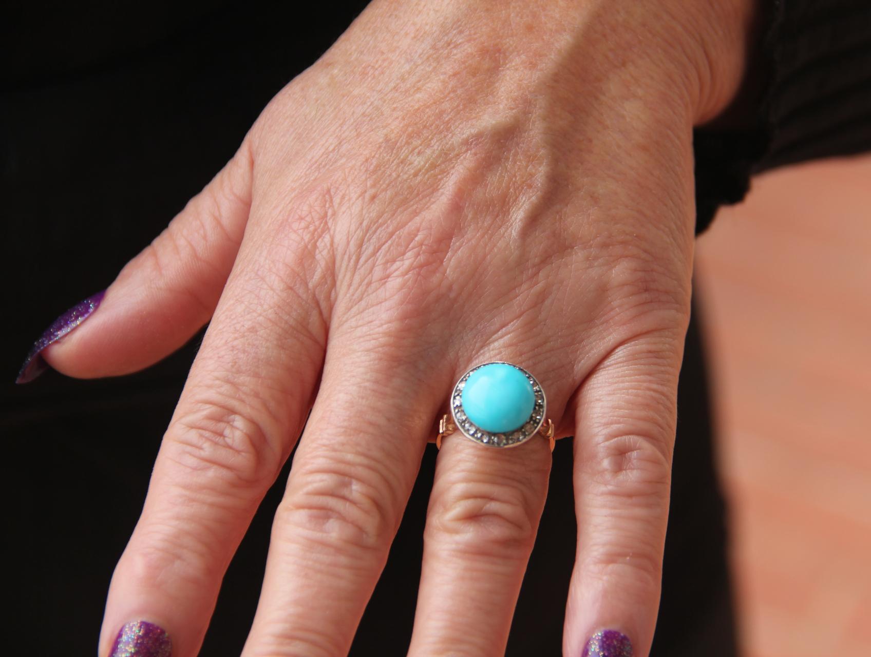 Handcraft Turquoise 14 Karat Yellow Gold Diamonds Cocktail Ring For Sale 10