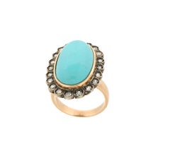 Handcraft Turquoise 14 Karat Yellow Gold Diamonds Cocktail Ring