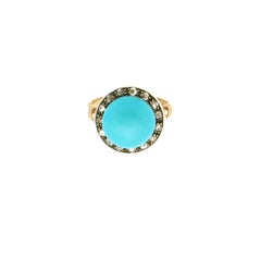 Handcraft Turquoise 14 Karat Yellow Gold Diamonds Cocktail Ring