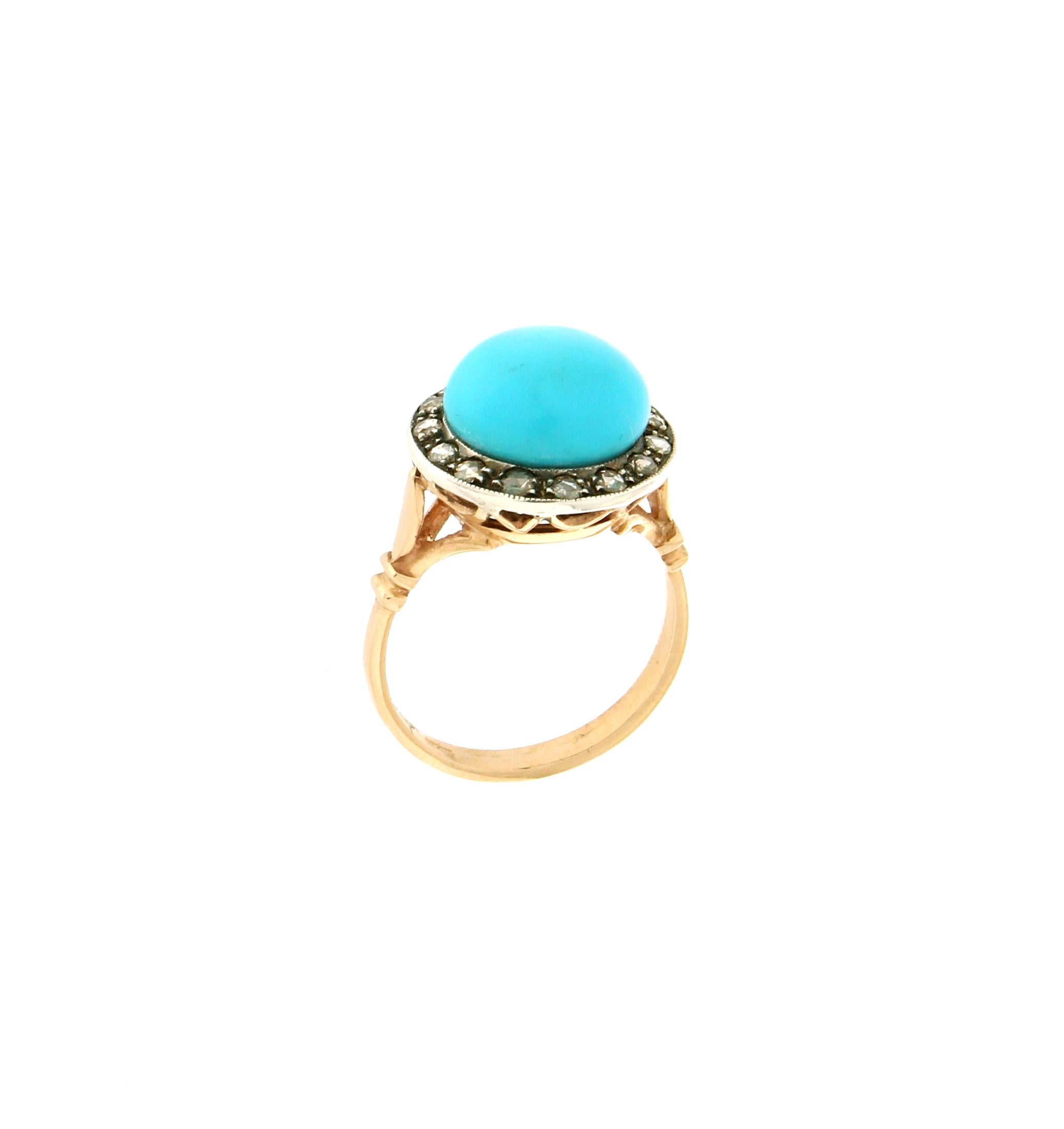 Artisan Handcraft Turquoise 14 Karat Yellow Gold Diamonds Cocktail Ring For Sale
