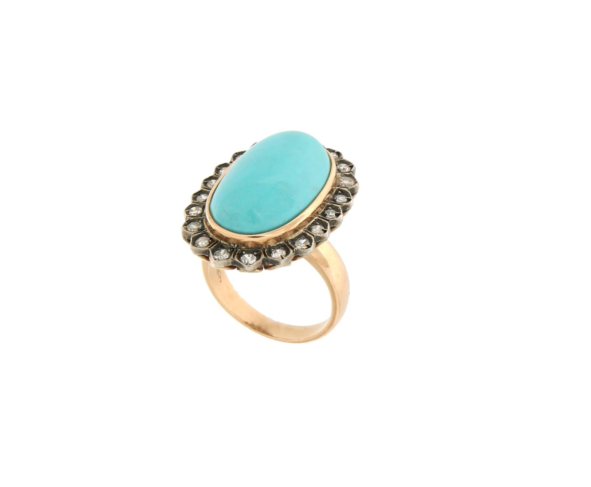 Rose Cut Handcraft Turquoise 14 Karat Yellow Gold Diamonds Cocktail Ring For Sale