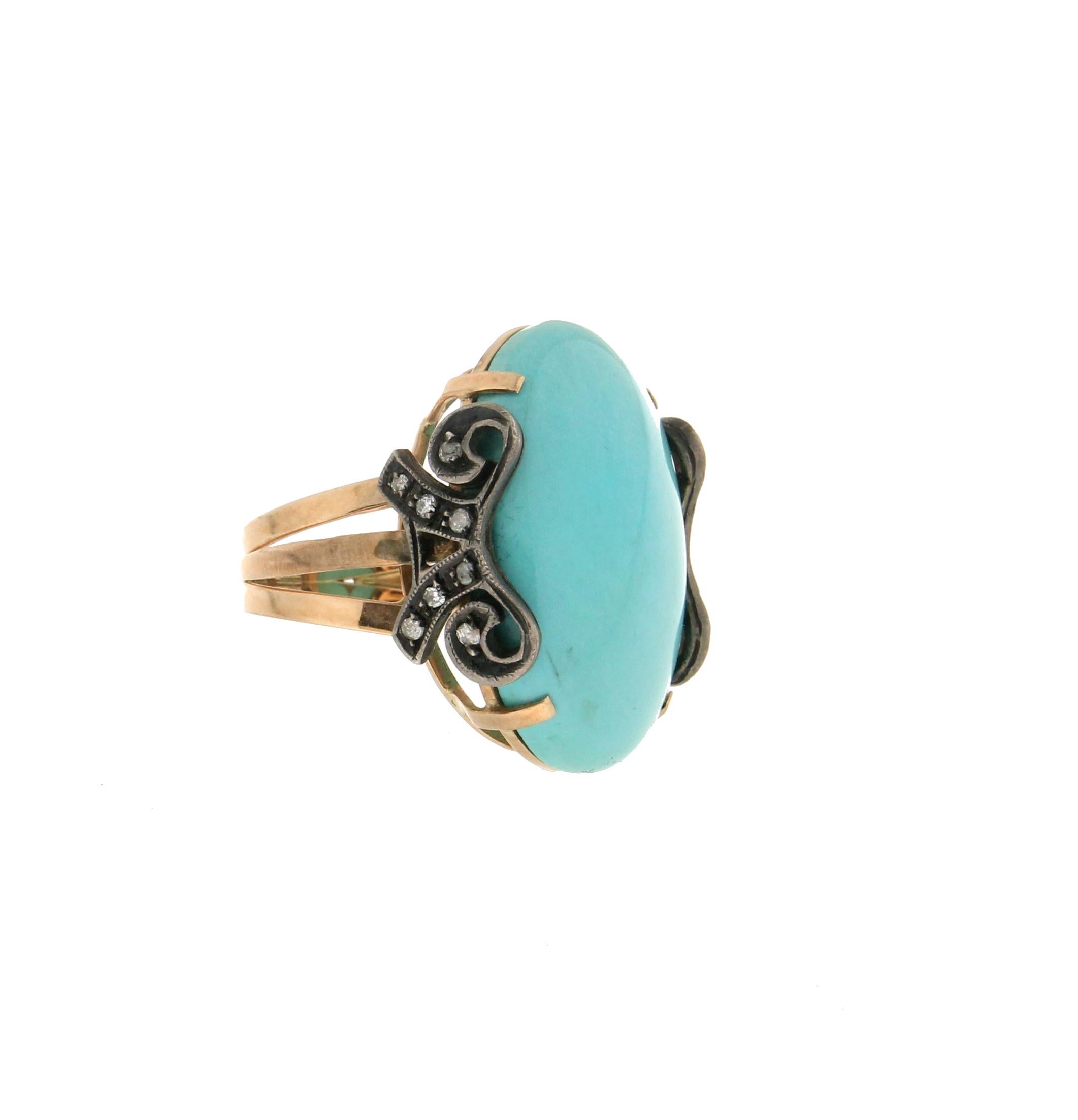 Brilliant Cut Handcraft Turquoise 14 Karat Yellow Gold Diamonds Cocktail Ring For Sale