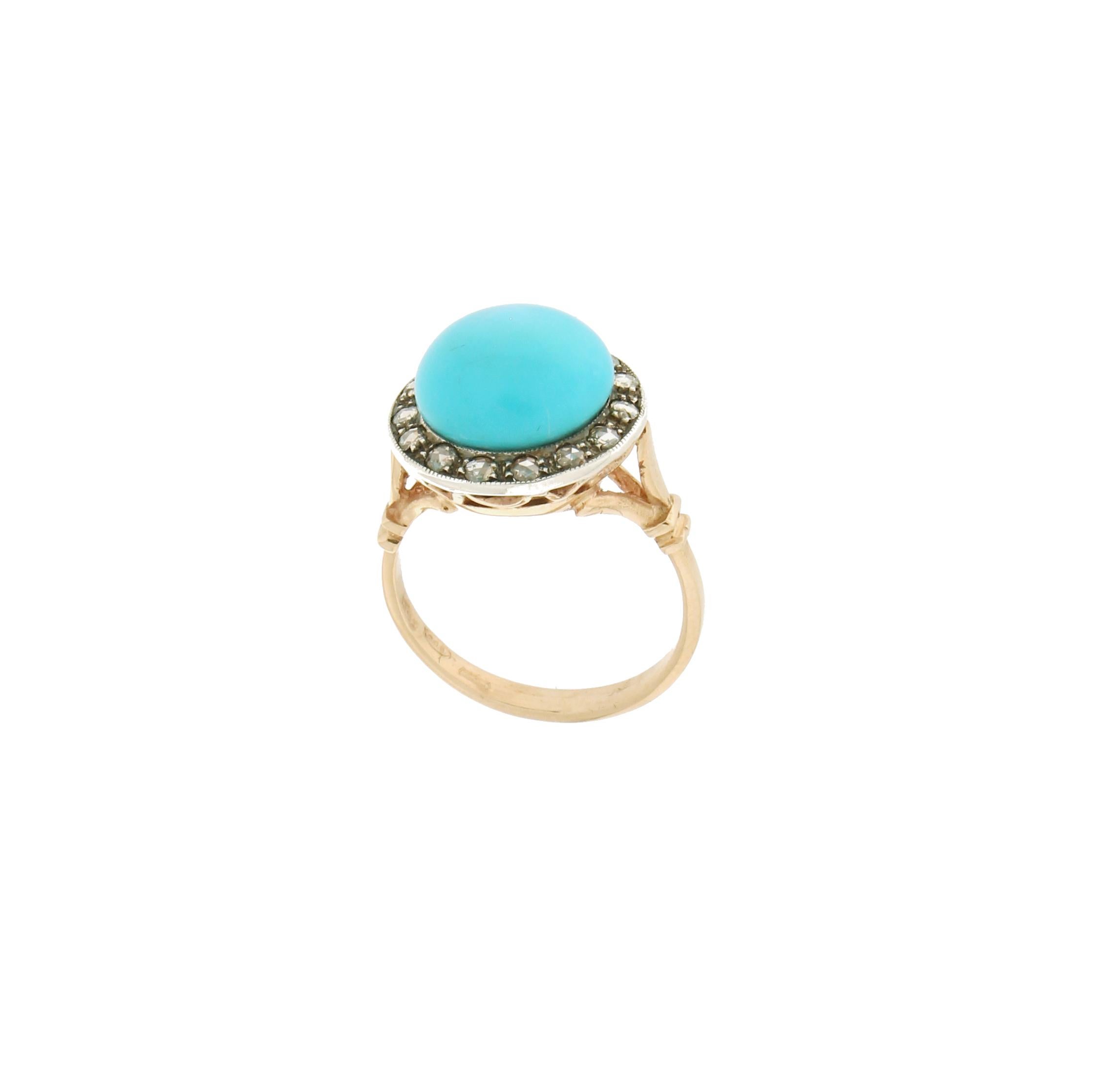 Rose Cut Handcraft Turquoise 14 Karat Yellow Gold Diamonds Cocktail Ring For Sale